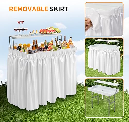 Miniatura 10 de VINGLI Mesa plegable para fiestas de 4 pies, portátil, para campamento y pesca, plástico con falda a juego, mesa de hielo para fiestas, barbacoas,