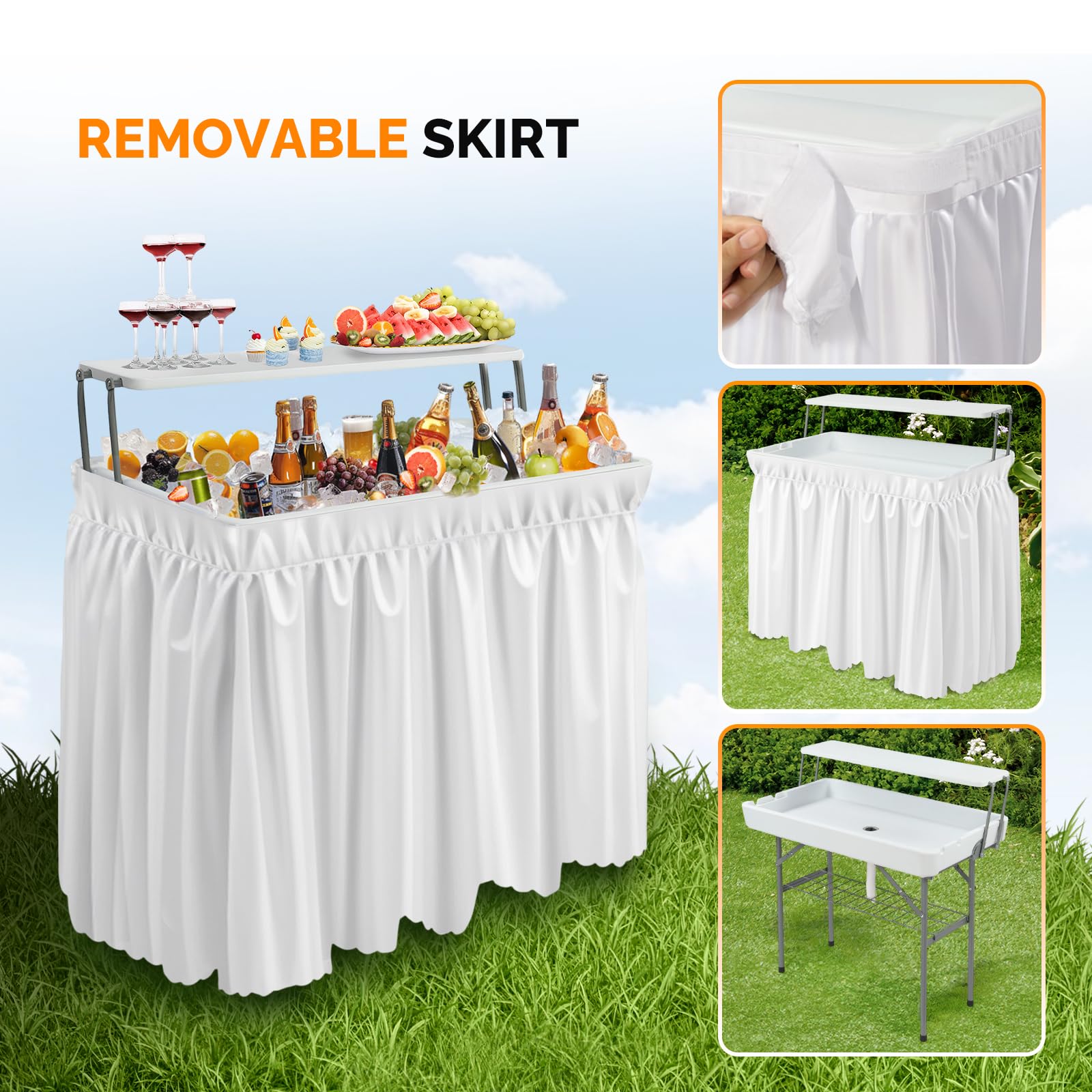 Bonnlo Kühltisch mit erhöhter Ablagefläche & Tischdecke – Klappbarer Getränkekühler aus HDPE, Eiskühltisch für Party, Camping, Terrasse, Indoor & Outdoor – bis 200 kg, 101,5 x 56 x 101,5 cm, Weiß