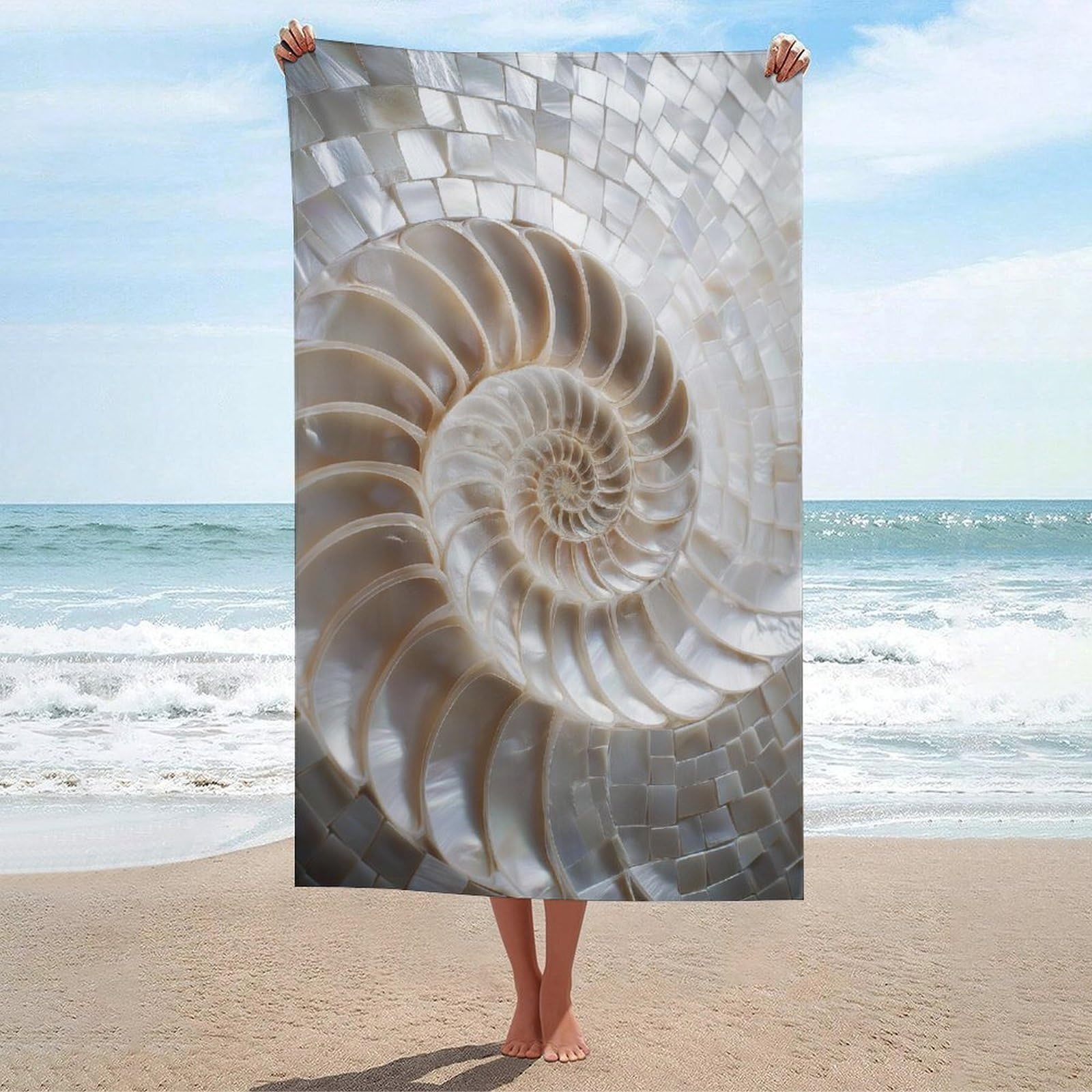 asbwuo White Pearl Tiles Spiral Pattern Beach Towel