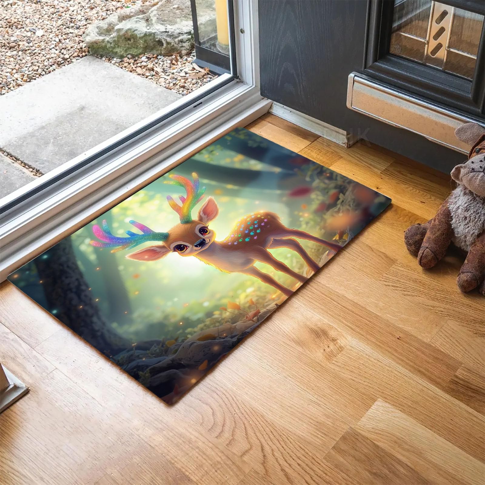 Fußmatte Innen 60x90cm, Waldhirsch rutschfeste Fußmatte für den Innenbereich, Traumwald Fußabtreter Türmatte wasserabsorbierende Schmutzfangmatte, Braun