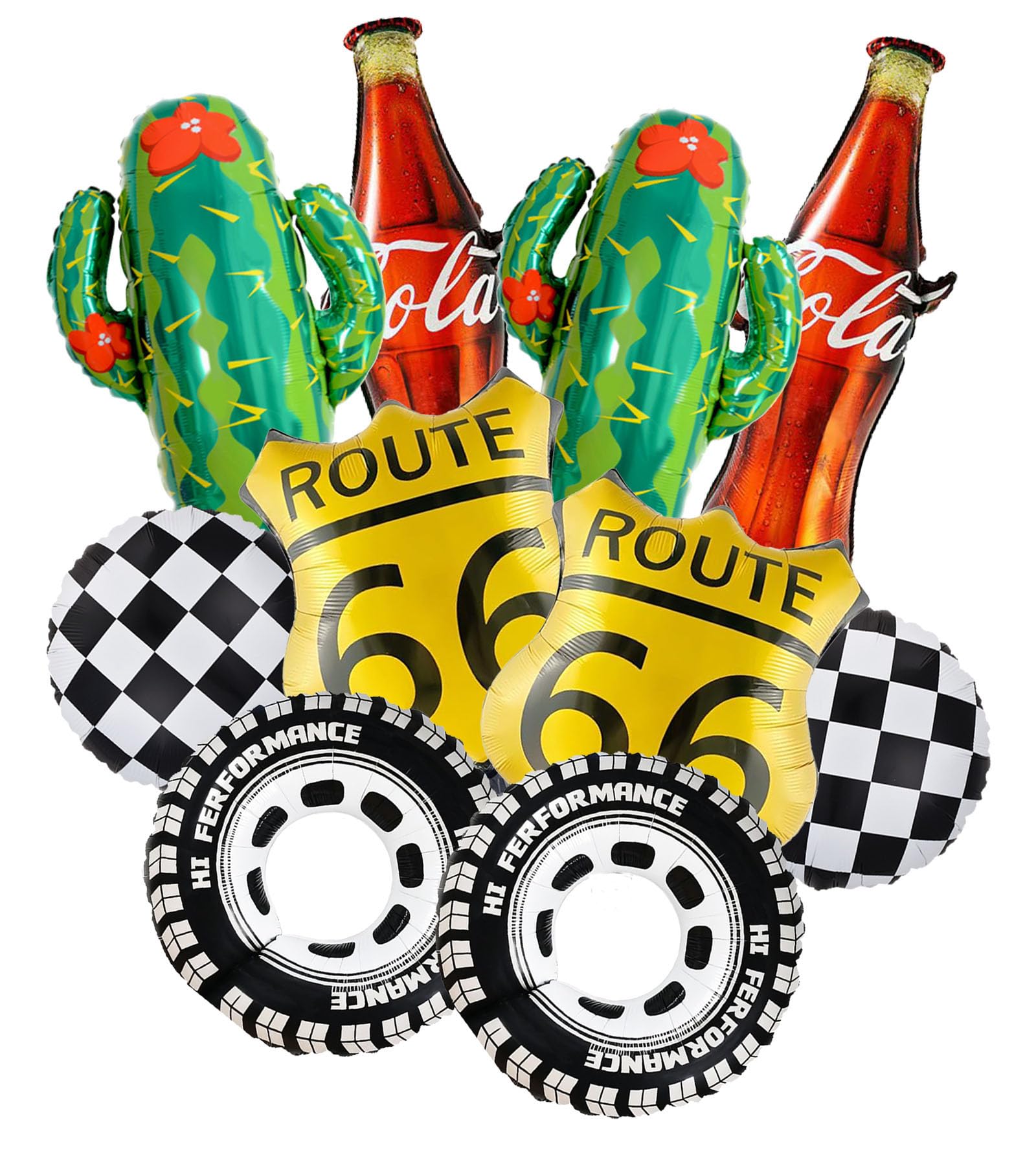 10 Pcs US Highway 66 Sign, Cactus, Cola Bottle, Wheels Tire & Checkered Balloons for Road Trip Party/Route 66 Decor/First Lap Around the Track