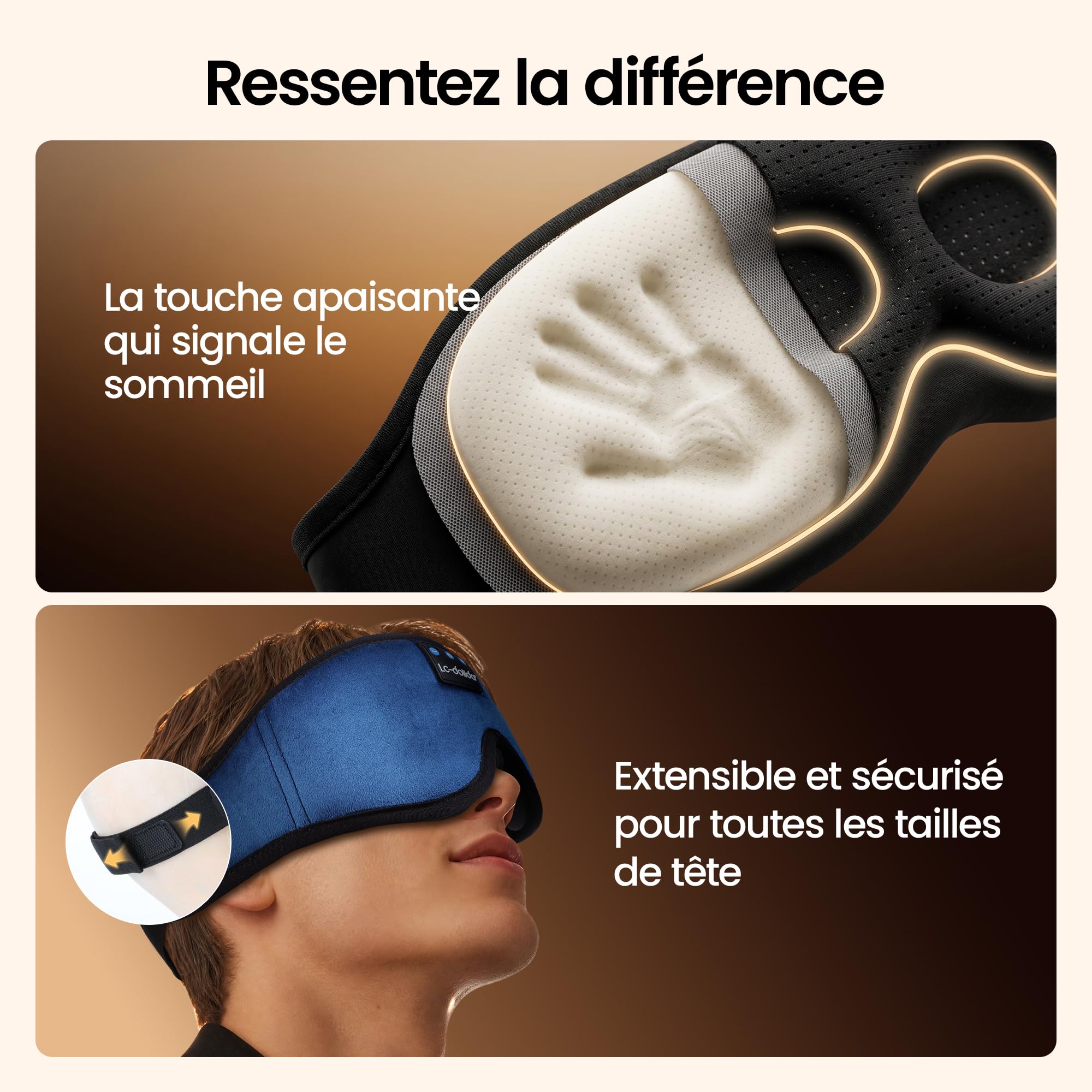 LC-dolida Masque de Sommeil avec écouteurs Bluetooth V5.4, Masque de Nuit Sans Fil peut Jouer 15 Heures Casque de Sommeil Bluetooth pour les Voyages,la Sieste, le Travail Posté