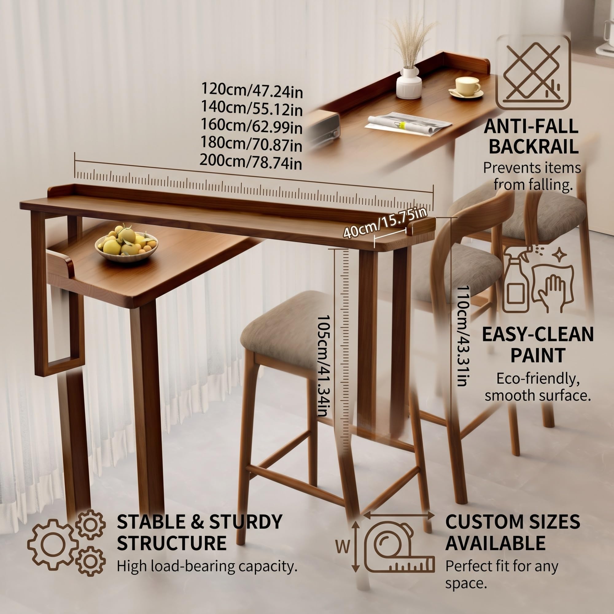 Tavolo da Bar Alto in Legno Massello, Tavolo Cucina Salvaspazio | Con Bordo Anticaduta, Design Salvaspazio, Facile da Pulire, Stabile e Robusto(180x40x105cm)