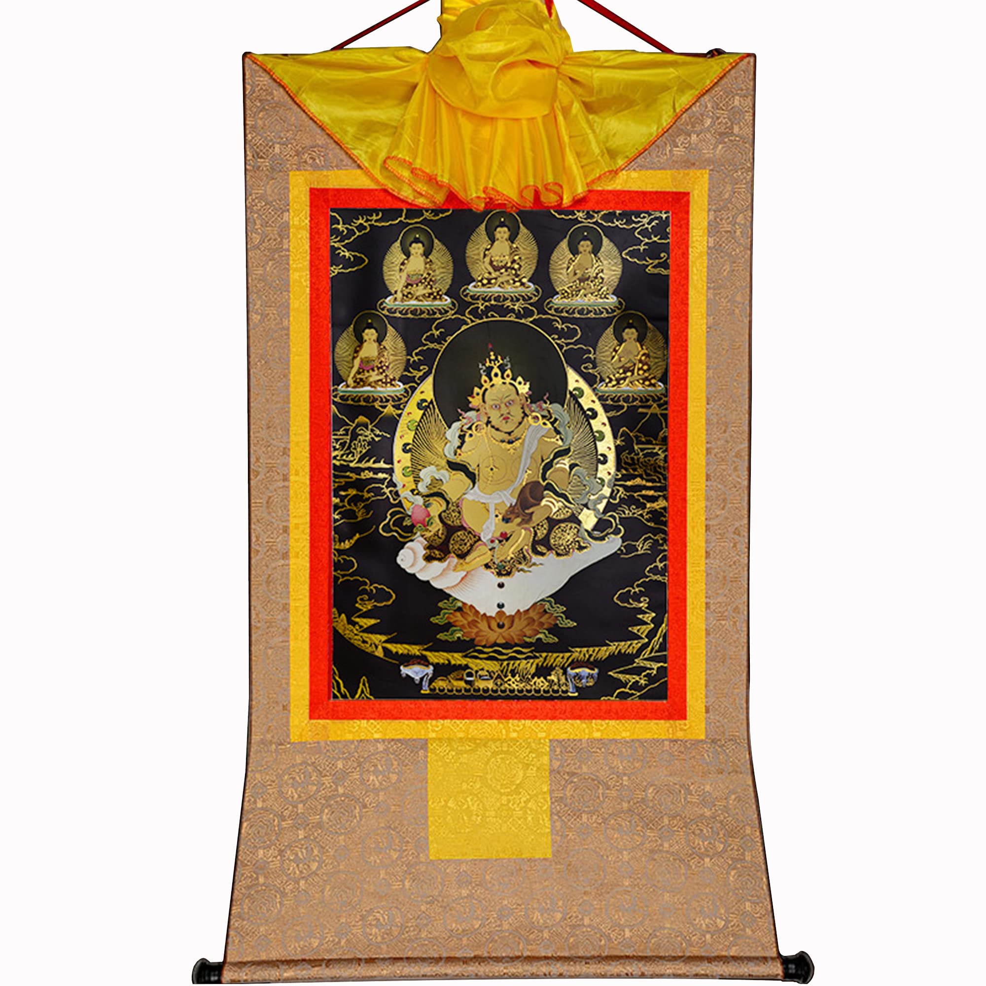 Gandhanra Beige Tibetan Buddhist Thangka Wall Hanging,Yellow Jambhala Thangka,Hot Stamped Brocade Buddhist Tapestry For Zen Home Decor, Meditation, Spiritual Relaxation