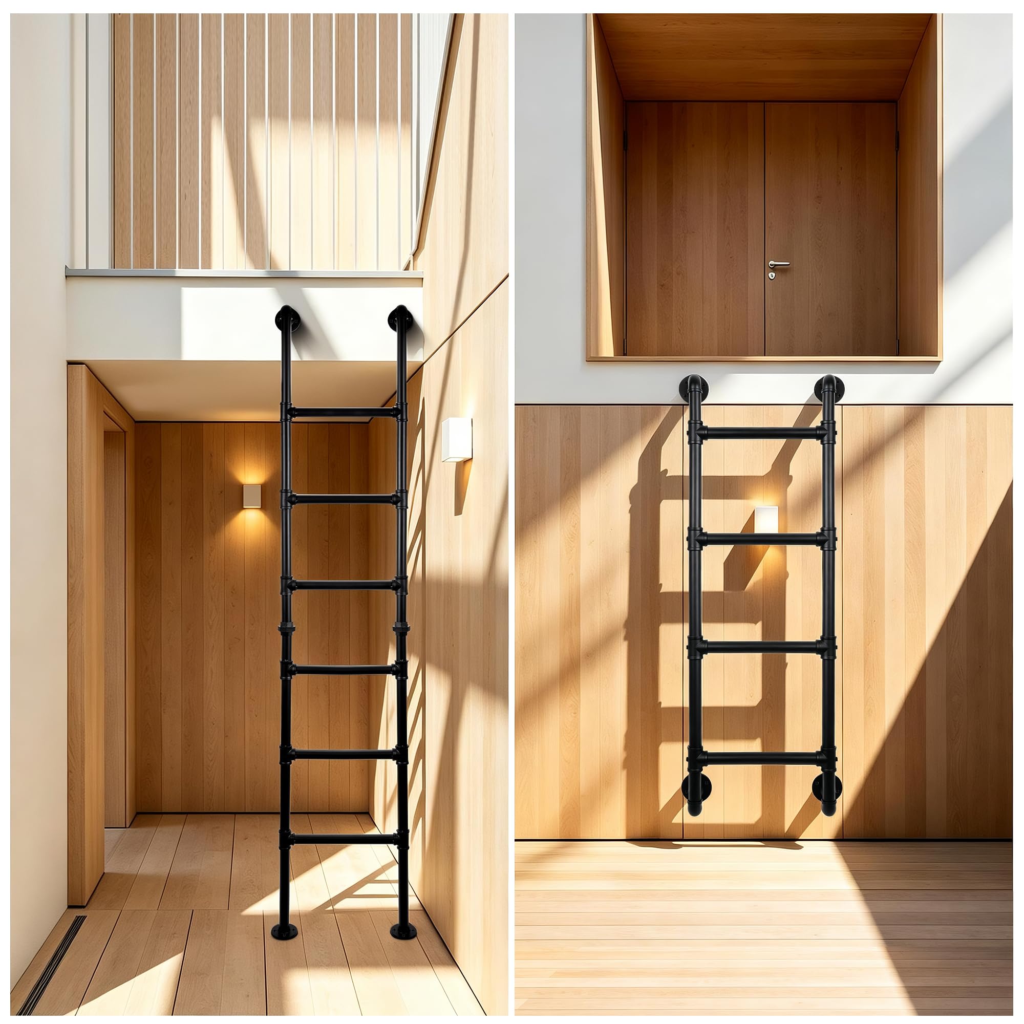 Etagenbettleiter, Wandmontage, Kellerfenster, Brunnenleiter, schwarzes Schmiedeeisen, industrielles Rohr, Trittleiter, belastbar 150 kg, Metall-Trittleiter für Dachboden, Dachboden, Wohnheim,