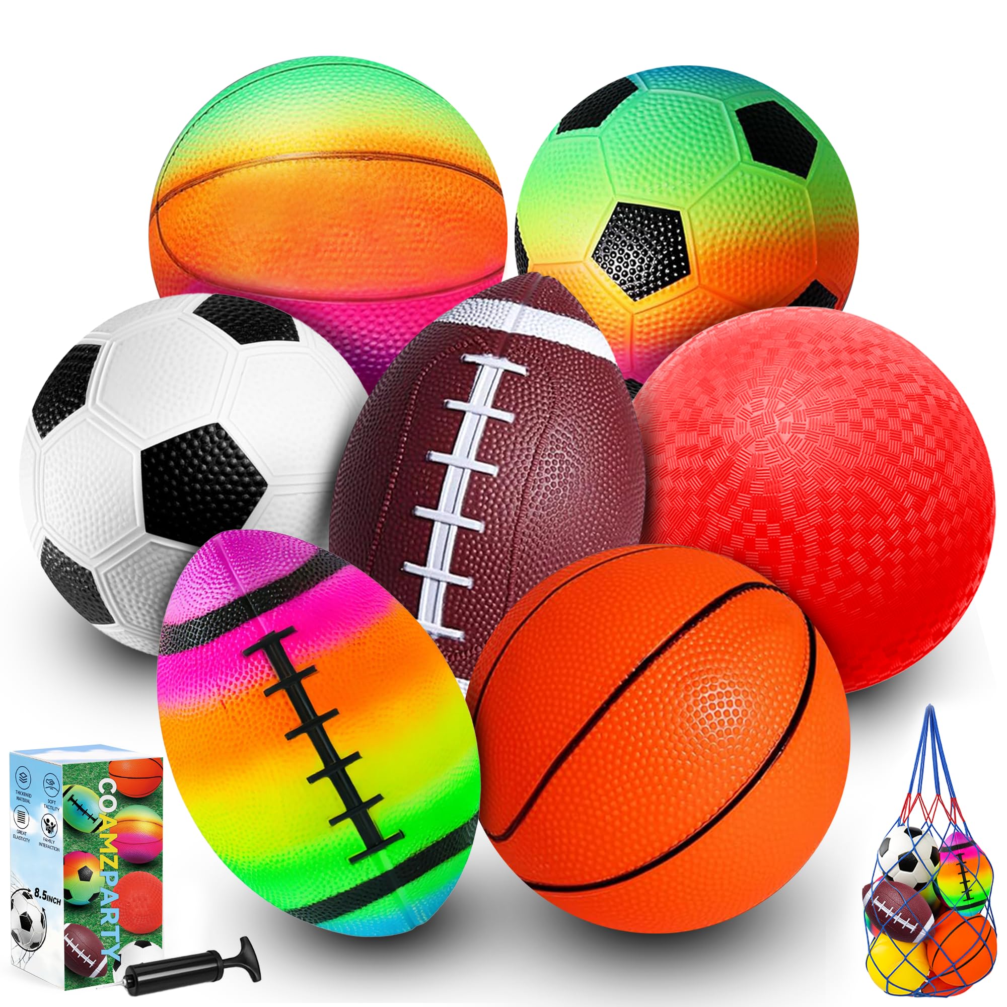 8.5 Inch Sports Balls Set 7 Pack,Playground Balls for Kids&Adults, Includes Soccer Ball, Basketball, Rainbow Ball for Outdoor & Indoor Games, Boys Girls Gift with Gift Box