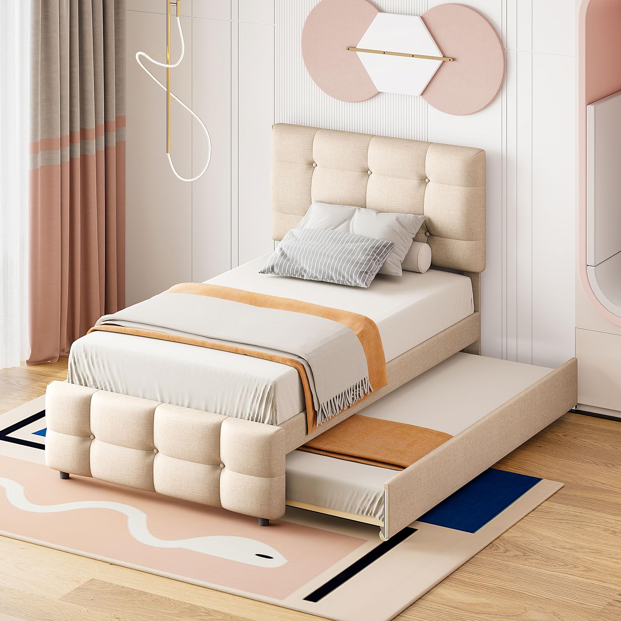 Lettino imbottito 90 x 200 cm, letto estraibile per bambini, testiera regolabile, imbottitura in lino delicato sulla pelle, letto singolo piatto, letto per ragazzi (beige) (beige)