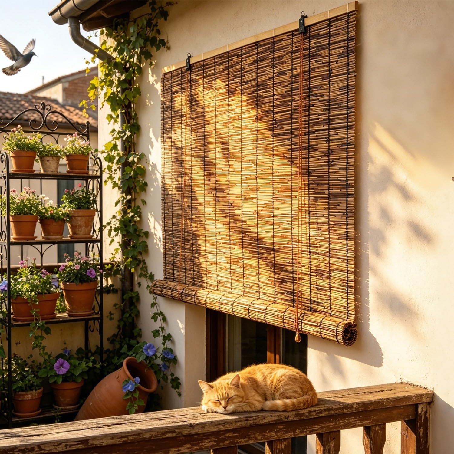 Store en Bambou Interieur sans Perçage, Store Enrouleur Bambou 60 75 90 100 115 130 145 160 cm, Rideau Romains avec Levage, Rideau de Roseau pour Extérieur Terrasse Véranda Pergola(W145 cm x H220 cm)