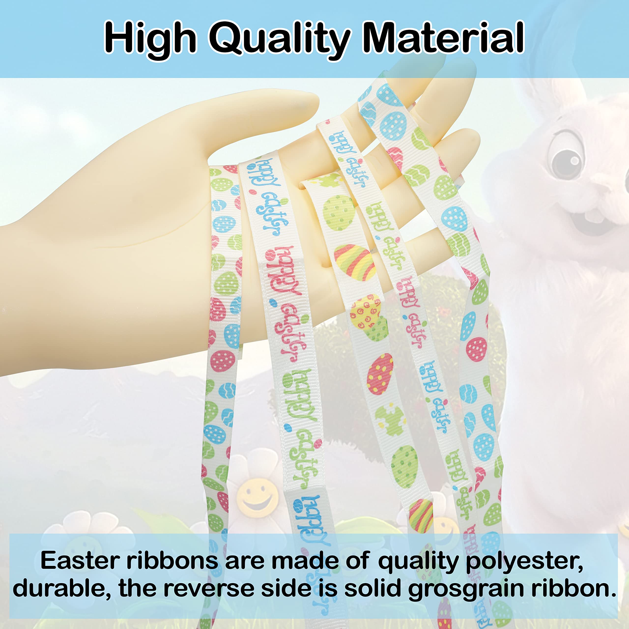 Lot De 5 Rubans De Pâques En Polyester - Imprimés Œufs Et 'Happy Easter' - Pour Déco, Cadeaux Ou DIY - Tailles Assorties