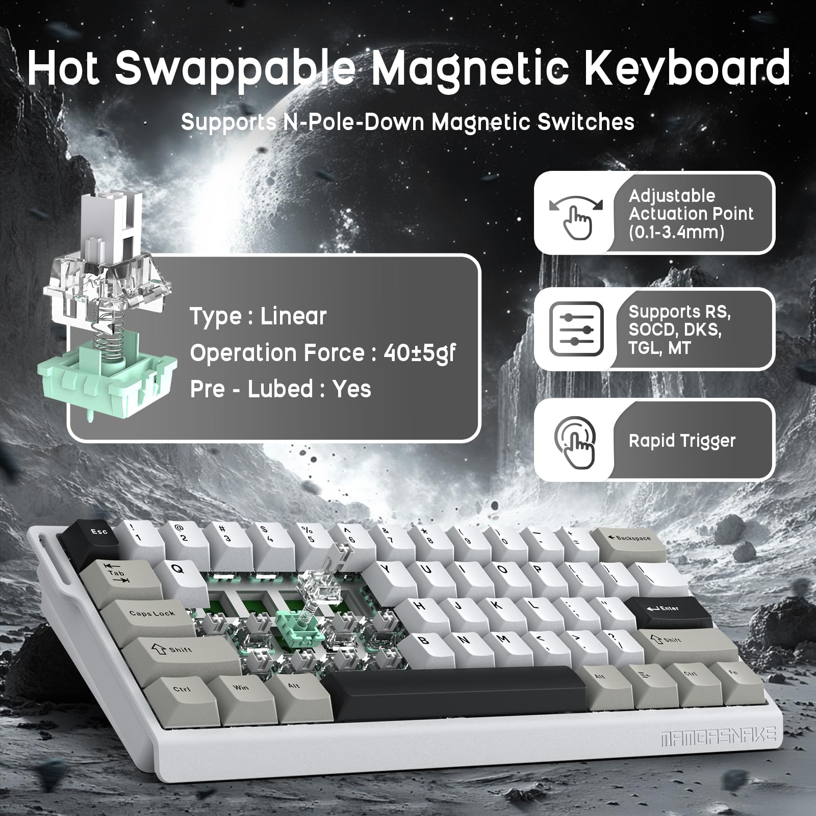 ATTACK SHARK x MAMBASNAKE X60HE Magnetische Tastatur mit X11 Gaming-Maus, kabelloses Tastatur- und Maus-Set, BT/2.4G/USB-C, Rapid Trigger, 8K Polling-Rate, PAW3311, 22000 DPI, ultraleichte Maus–Weiß