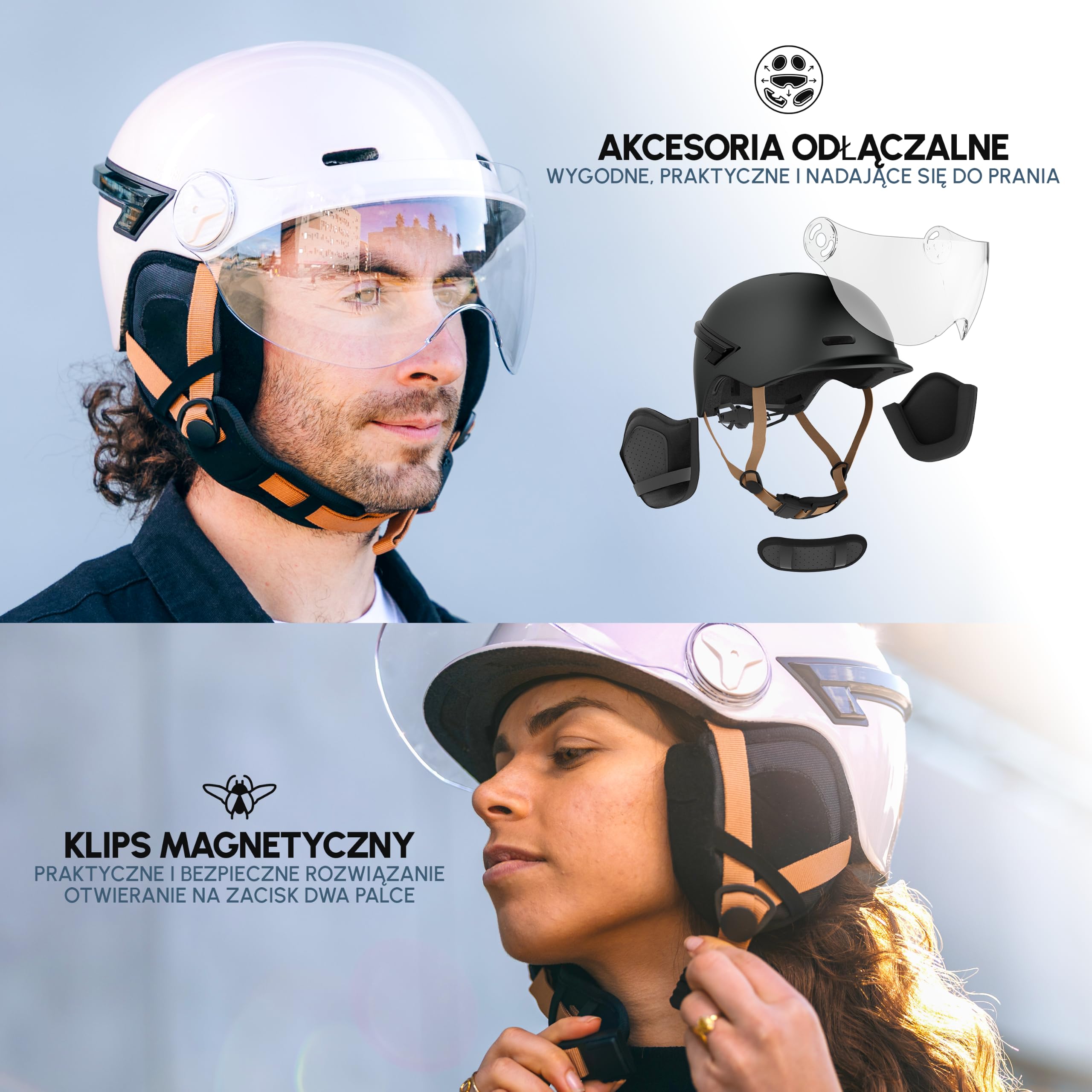 Kask CASR Glow, miejski kask ochronny LED, z certyfikatem EPI, kremowy, rozmiar M, trasertyczny i odpinany daszek, z diodami LED i kierunkowskaźnikami, uniwersalny pilot zdalnego sterowania,