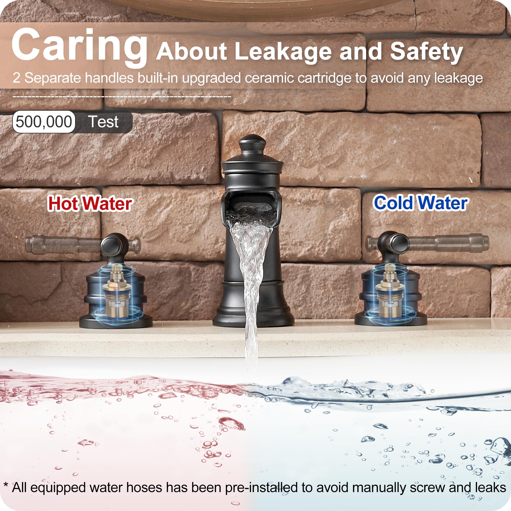 HOIGY Black Waterfall Bathroom Faucet Widespread, Brass Bathroom Faucets for Sink 3 Hole, 8 Inch Faucet Bathroom Vanity Faucet with 2 Handles Supply Hoses & Pop-Up Drain for Modern Classic Farmhouse