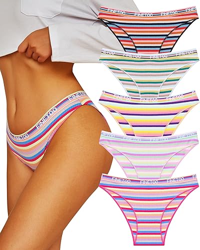 FINETOO Cotton Underwear for Women Cheeky High Cut Breathable Stretch Sexy Ladies Hipster Bikini Panties Pack S-XL - Large-X-Large - Colorful Stripes 5a