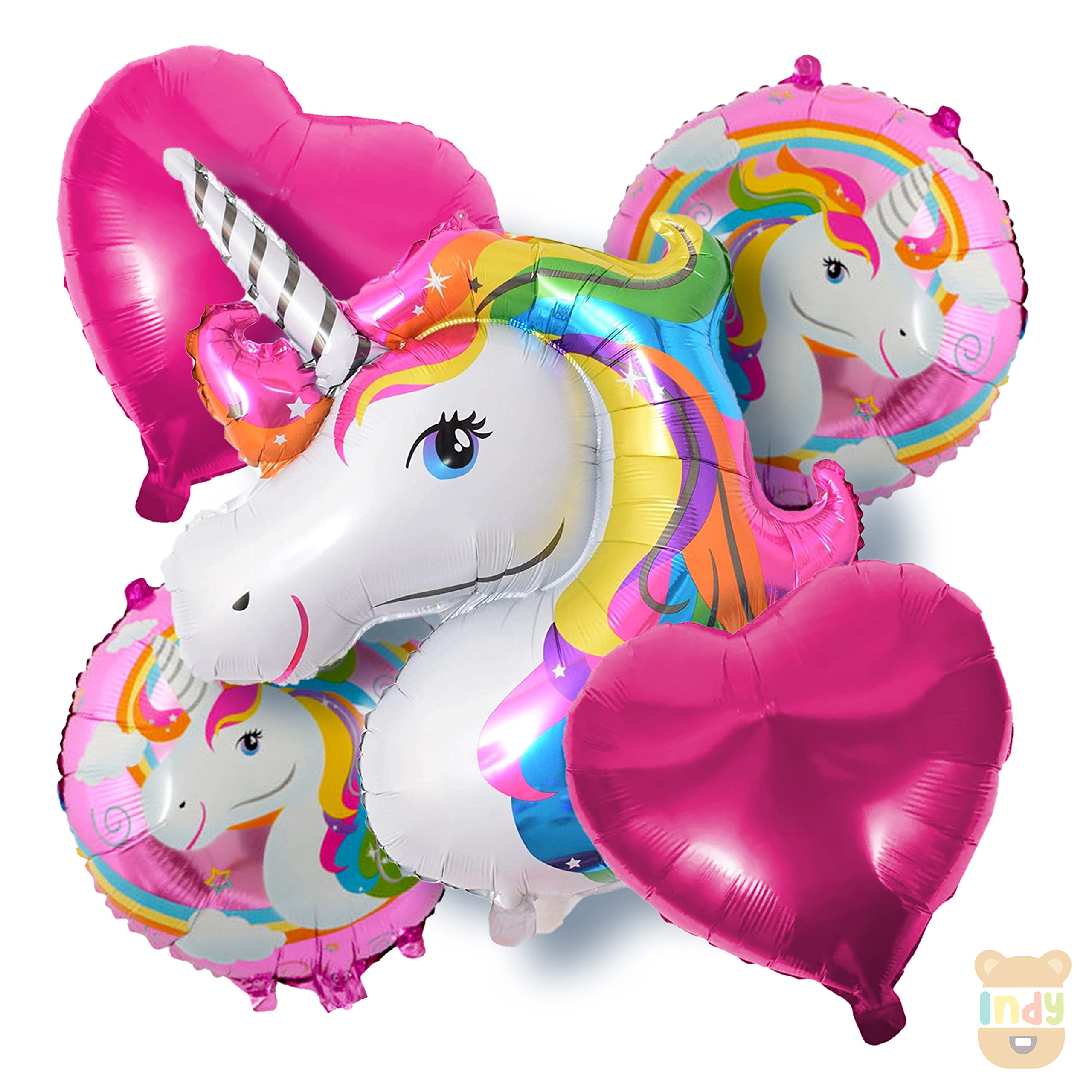 ITAF Set Of 5 Pcs Happy Birthday Unicorn Theme Foil Balloons Decoration Kit For KIds / One year Celebration Theme - 1 Unicorn Foil Balloon ,2 Pink Heart Foil Balloons , 2 Unicorn Printed Round Foil Balloons
