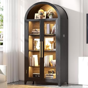 LVSOMT 71 Arched Curio Cabinet with Glass Doors, Display Cabinet with Human Sensor LED Light, 5 Tier China Cabinet with Adjustable Shelf, Tall Bookcase with Storage for Home Black