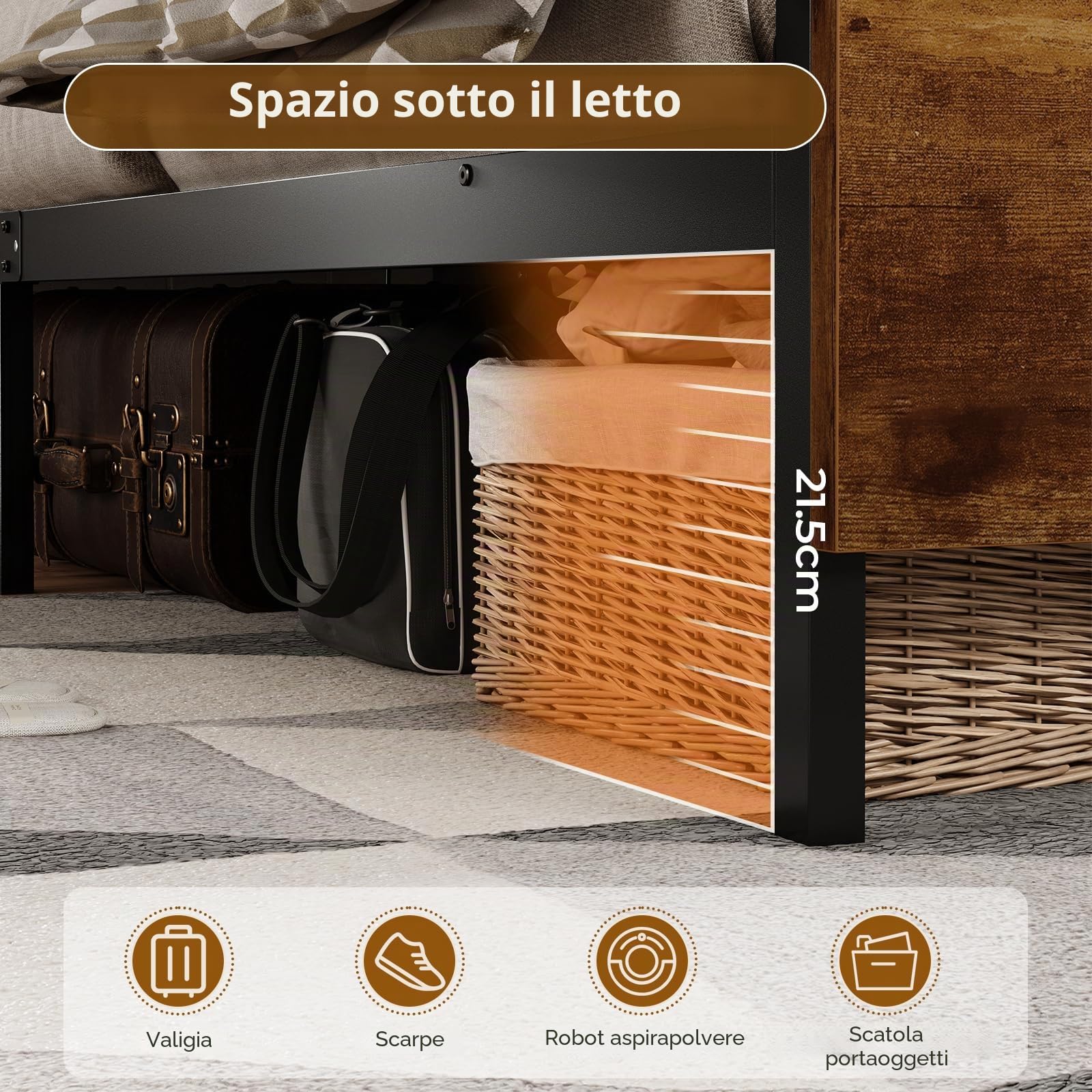 DICTAC Letto 120 x 200 cm con illuminazione LED, telaio del letto con presa e funzione di ricarica USB, letto in metallo 120 x 200 cm con testiera in legno, struttura del letto con rete a doghe e