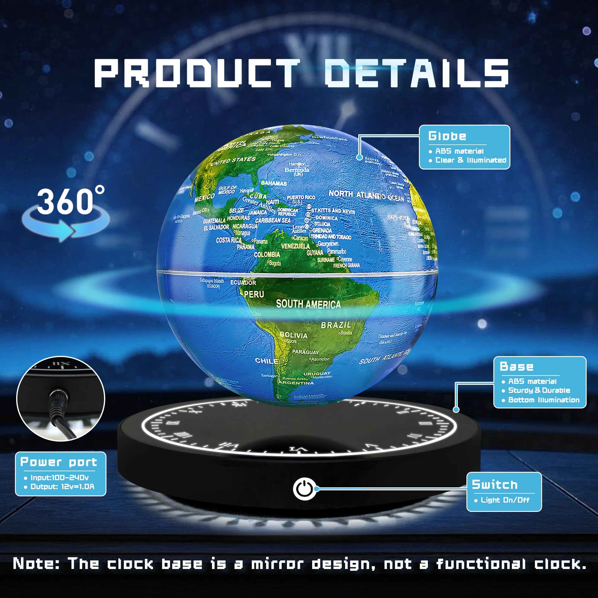 Flagest Magnetic Levitating Floating Globe with LED Lights, 16 Colors Rotating Globe Lamp with Clock Base for Home Office Desk Decor, Cool Tech Gadgets for Men Husband Boys and Girls