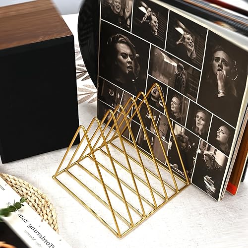 Miniatura 7 de Udreamer Soporte para discos de 9 ranuras, almacenamiento de discos de vinilo de escritorio con capacidad para 30 LPs, soporte de metal para