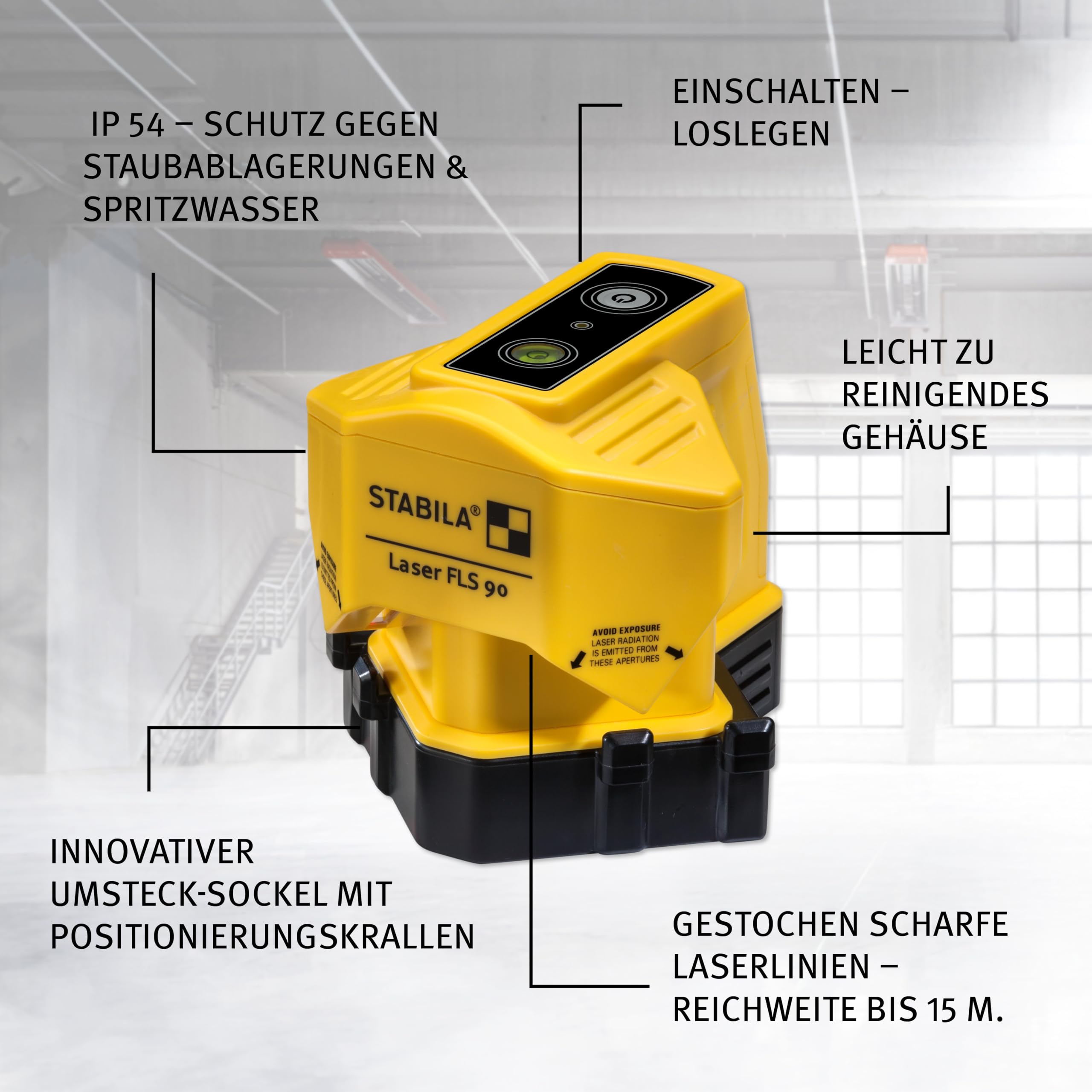 STABILA Bodenlinien-Laser FLS 90, exakter 90-Grad-Winkel am Boden, Reichweite Laserlinie 15 m, Schutzklasse IP 54, Umsteck-Sockel, Zielplatte, Tasche