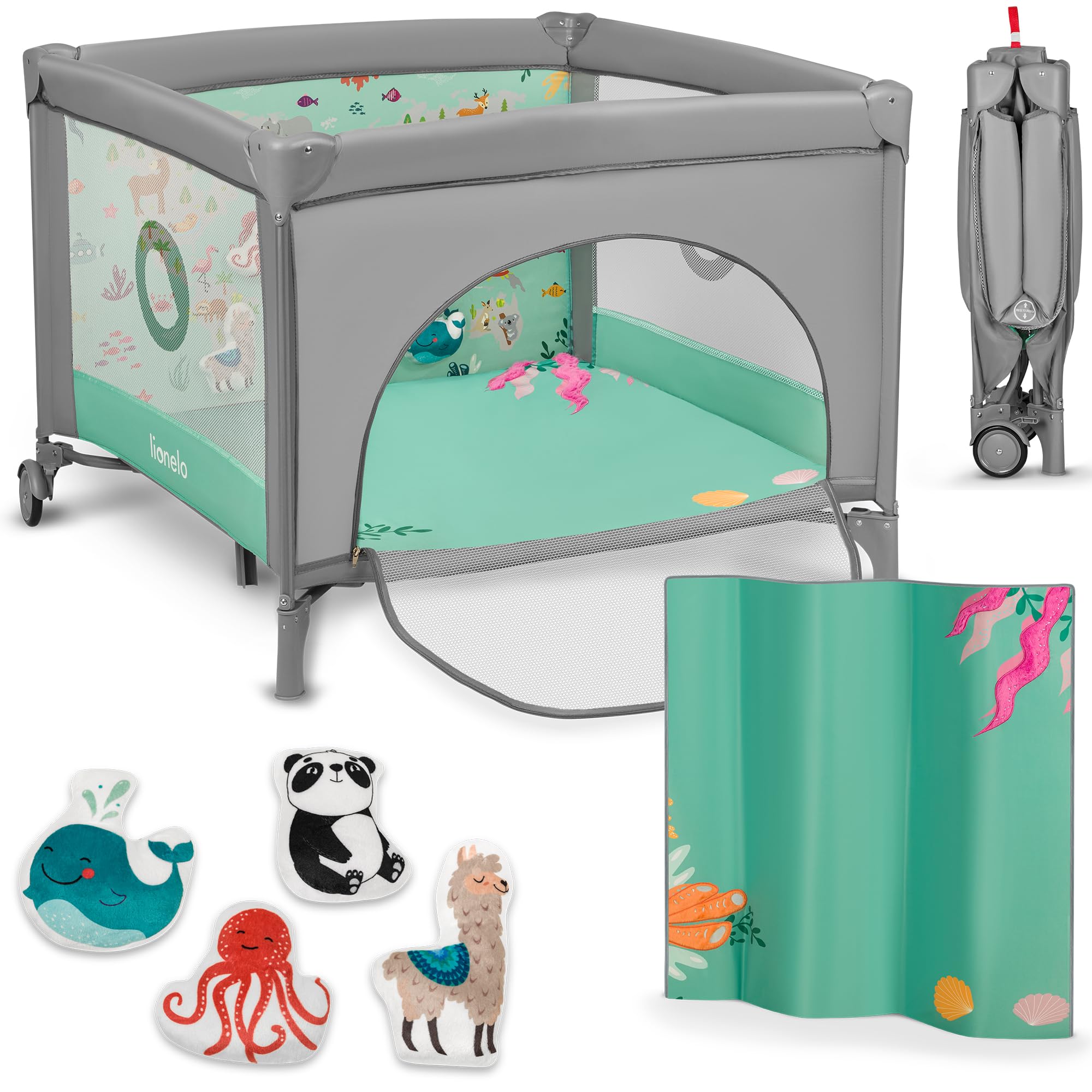 LIONELO Box per bambini e Lettino da Viaggio MILLE 2 in 1, 100 x 100 cm, Fino a 15 kg / 0 a 36 mesi, con Materasso 3D, Ingresso laterale con chiusura lampo, Ruote con freno, Facile da piegare
