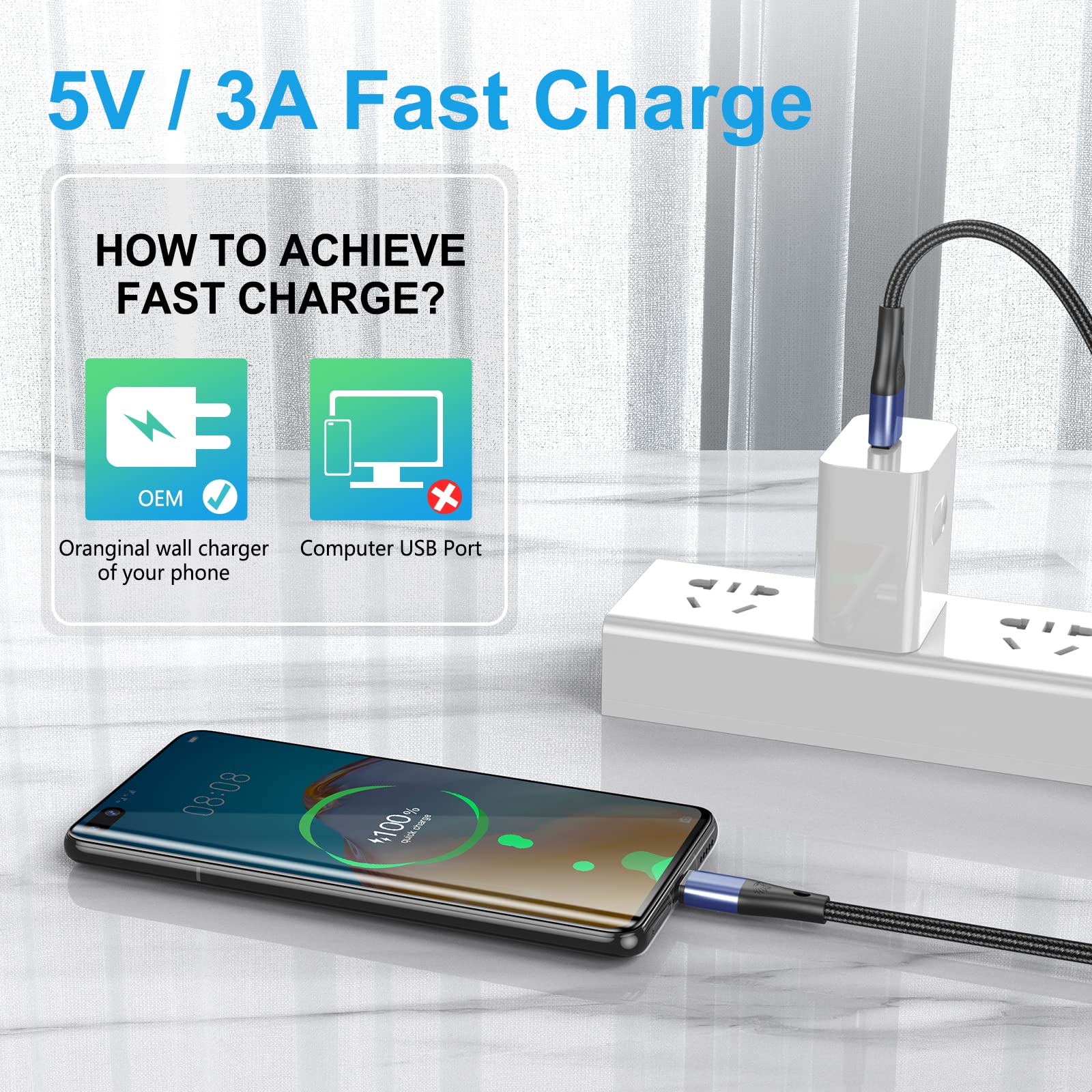 Câble USB Type C Charge Rapide 3M Nylon Tressé 3A Chargeur Rapide Type C vers A Compatible avec Samsung Galaxy S21 S20 S10 S9 S8 Plus Note 20 8 LG V50V 40 G8 (Bleu)