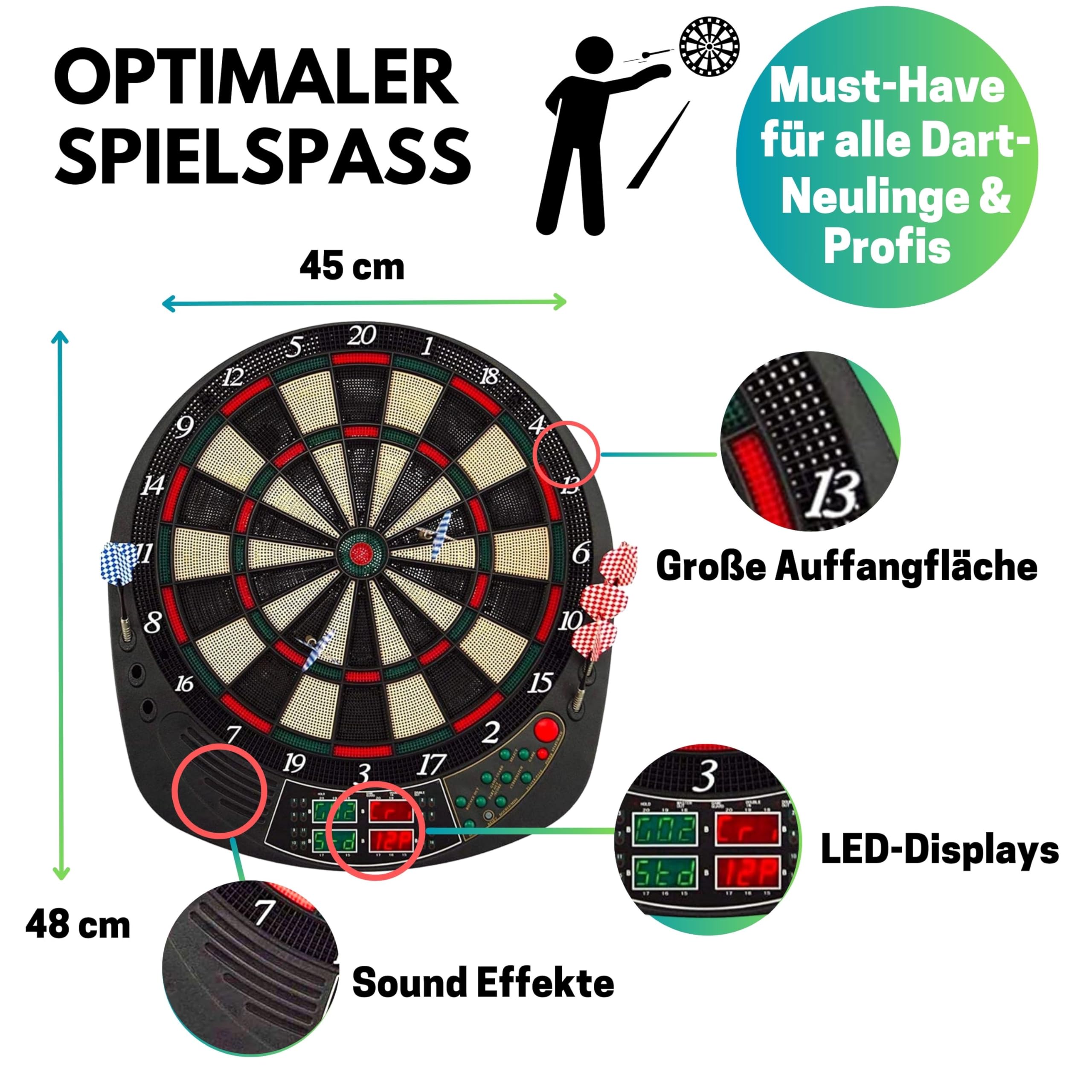 Best Sporting Dartscheibe elektronisch Coventry I Dartscheibe elektronisch mit LED-Anzeigen I E-Dartscheibe mit 12 Dartpfeilen & Ersatzspitzen I hochwertiger Dartautomat für 16 Spieler