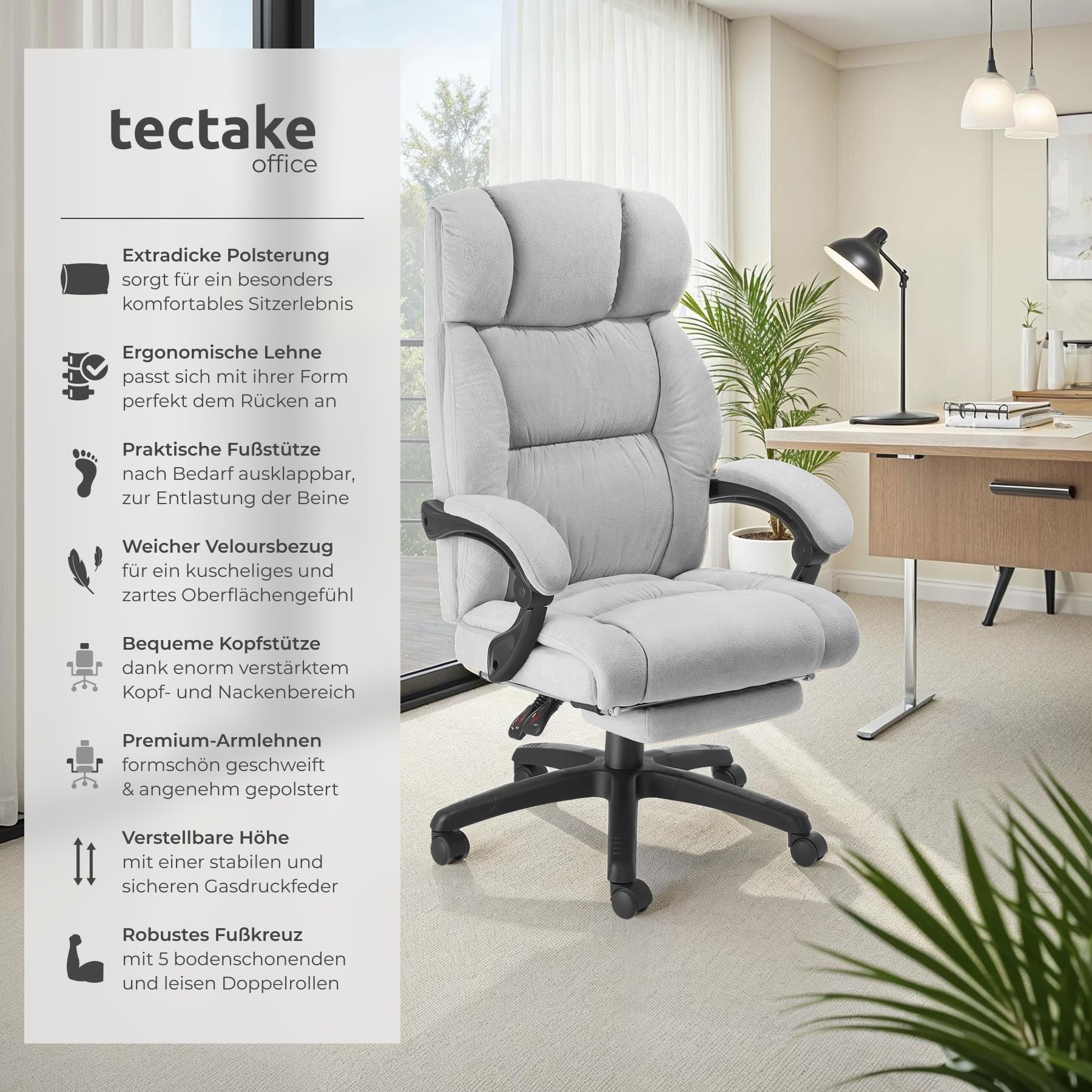 tectake® Bürostuhl ergonomisch, Velour Drehstuhl, Bürostuhl mit Fußstütze, Chefsessel Schreibtischstuhl, Sessel, Gaming Stuhl, Office Chair Ergonomic, Gaming Chair - grau