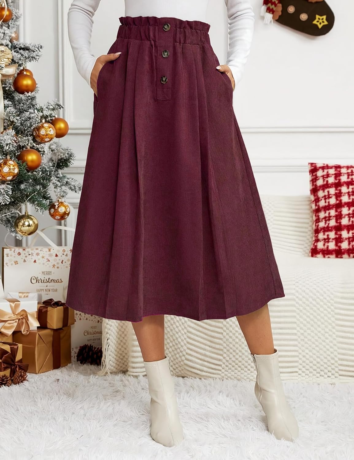 IDEALSANXUN Womens Corduroy Skirts Fall Winter High Waisted A Line Pleated Midi Skirt