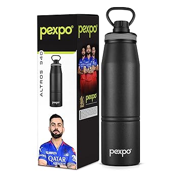 Pexpo Altros Pro 1000 Stainless Steel Hot & Cold Vacuum Insulated Flask - 940ml | RCB Edition | with Loop Handle |Thermos Water Bottle| Ideal for Gym, Sports, Trekking, Home - Knight Black - image, photos