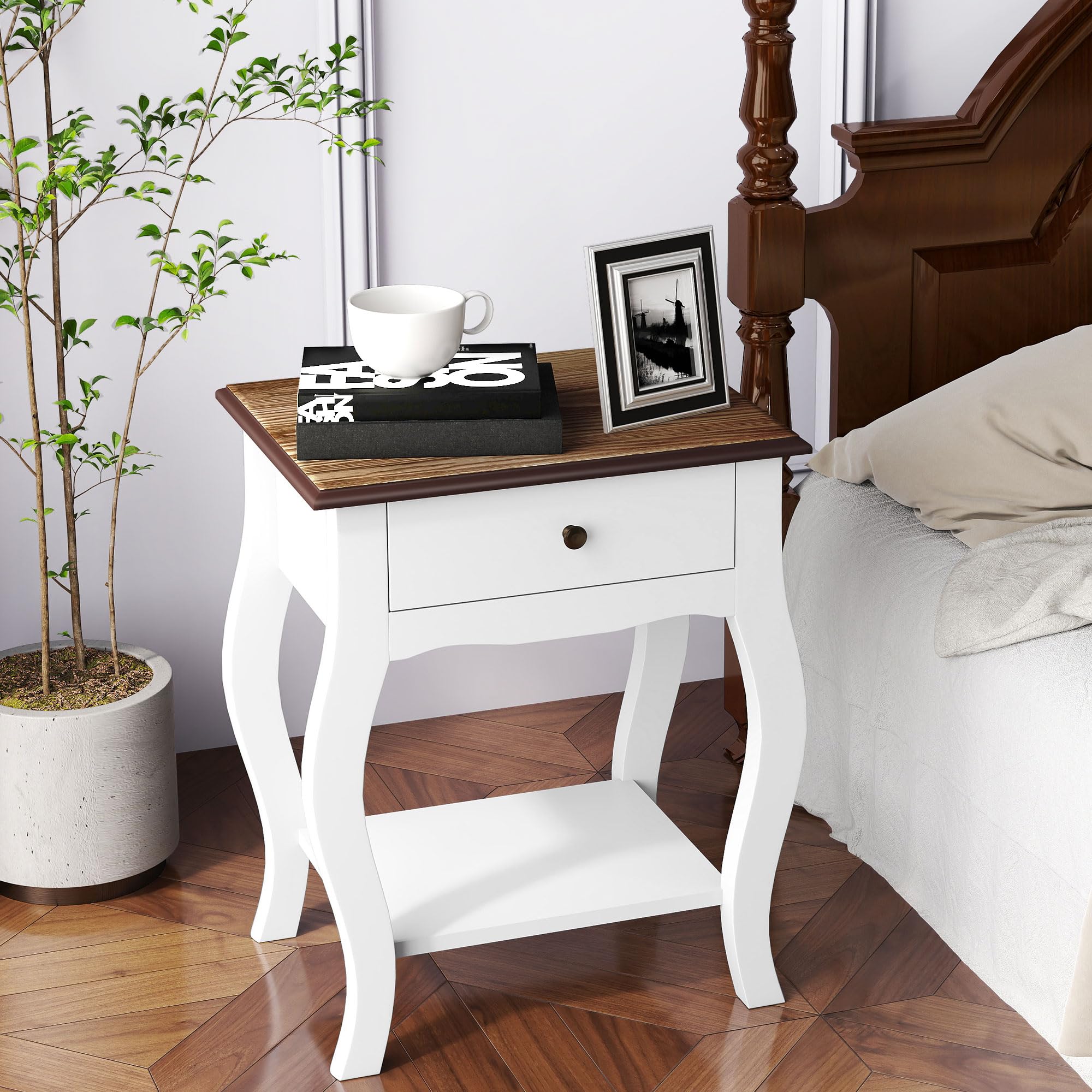 HOMCOM Comodino Camera da Letto con Cassetto e Ripiano Aperto in Stile Francese, Comodino Stretto Salvaspazio in MDF, 45x35x55 cm, Bianco e Rovere