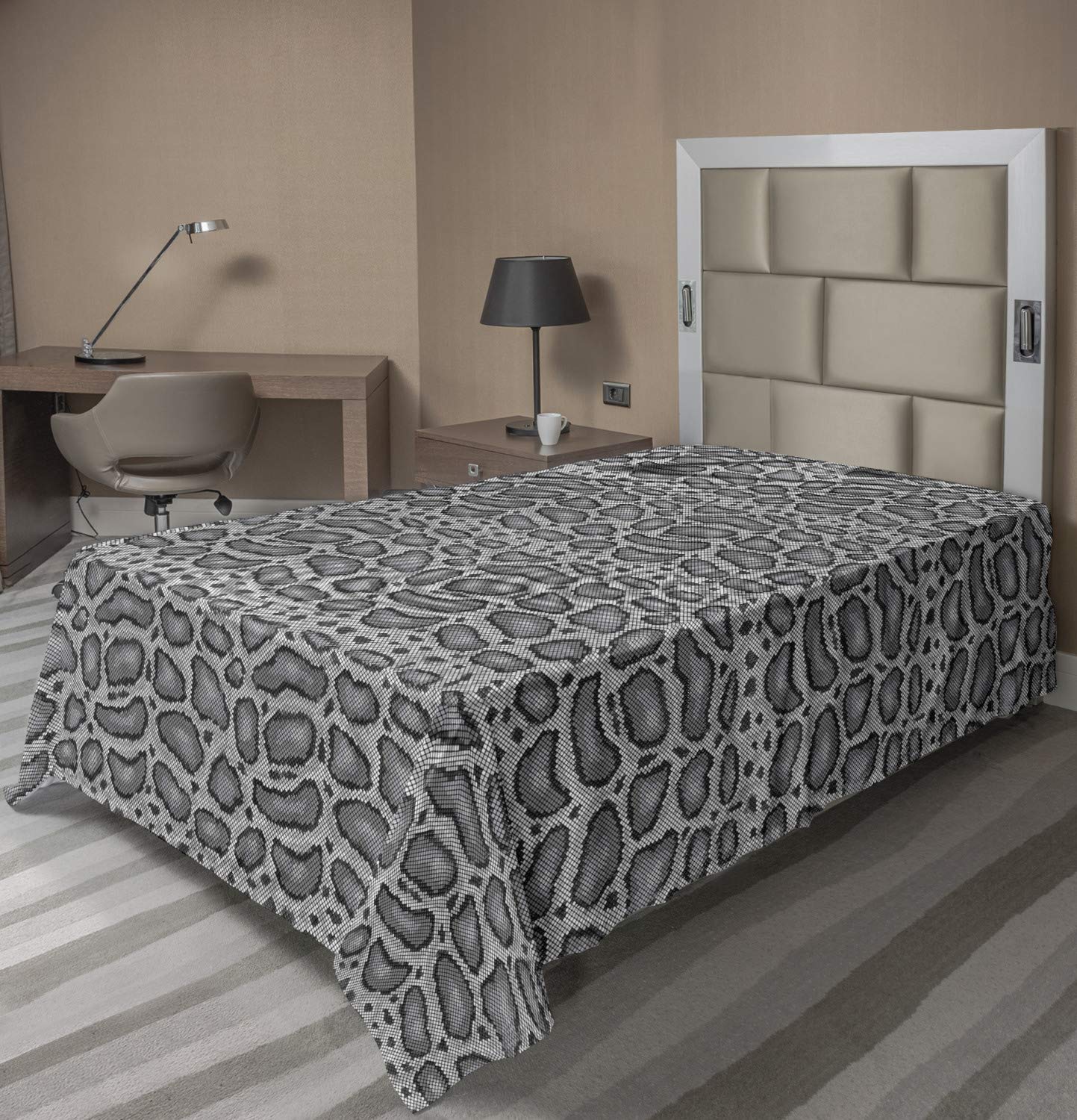 Lunarable Reptile Flat Sheet, Python Snake Skin Design Monochrome Abstract Animal Hide Pattern Geometric, Soft Comfortable Top Sheet Decorative Bedding 1 Piece, TwinXL Size, Grey Charcoal Grey