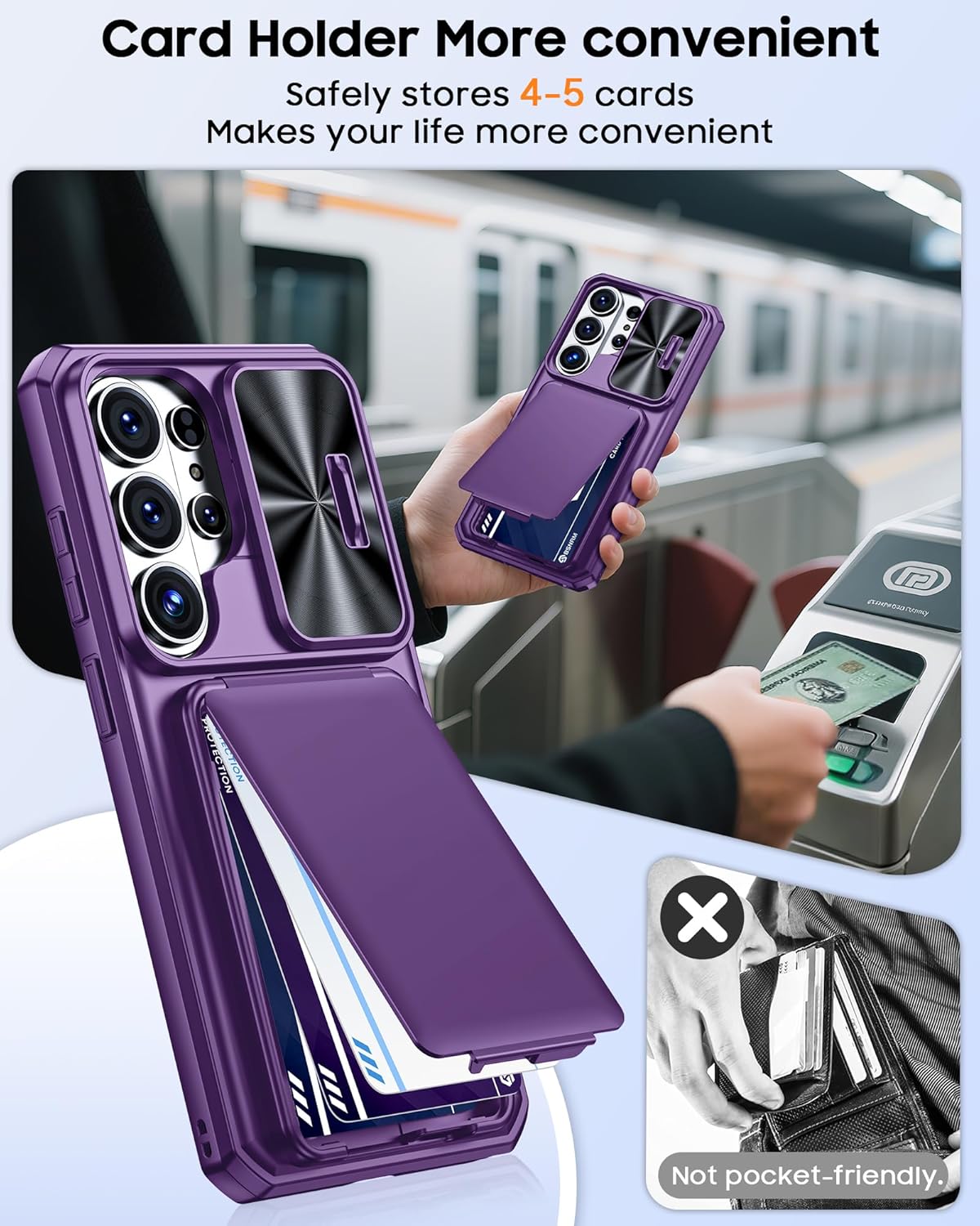 for Samsung Galaxy S26 Ultra Case with Screen Protector (2 Pack) Card Holder with RFID Blocking, Slide Lens Cover, Edge Raised, Rugged Heavy Duty Phone Cover Case for S26 Ultra, 2026, Purple
