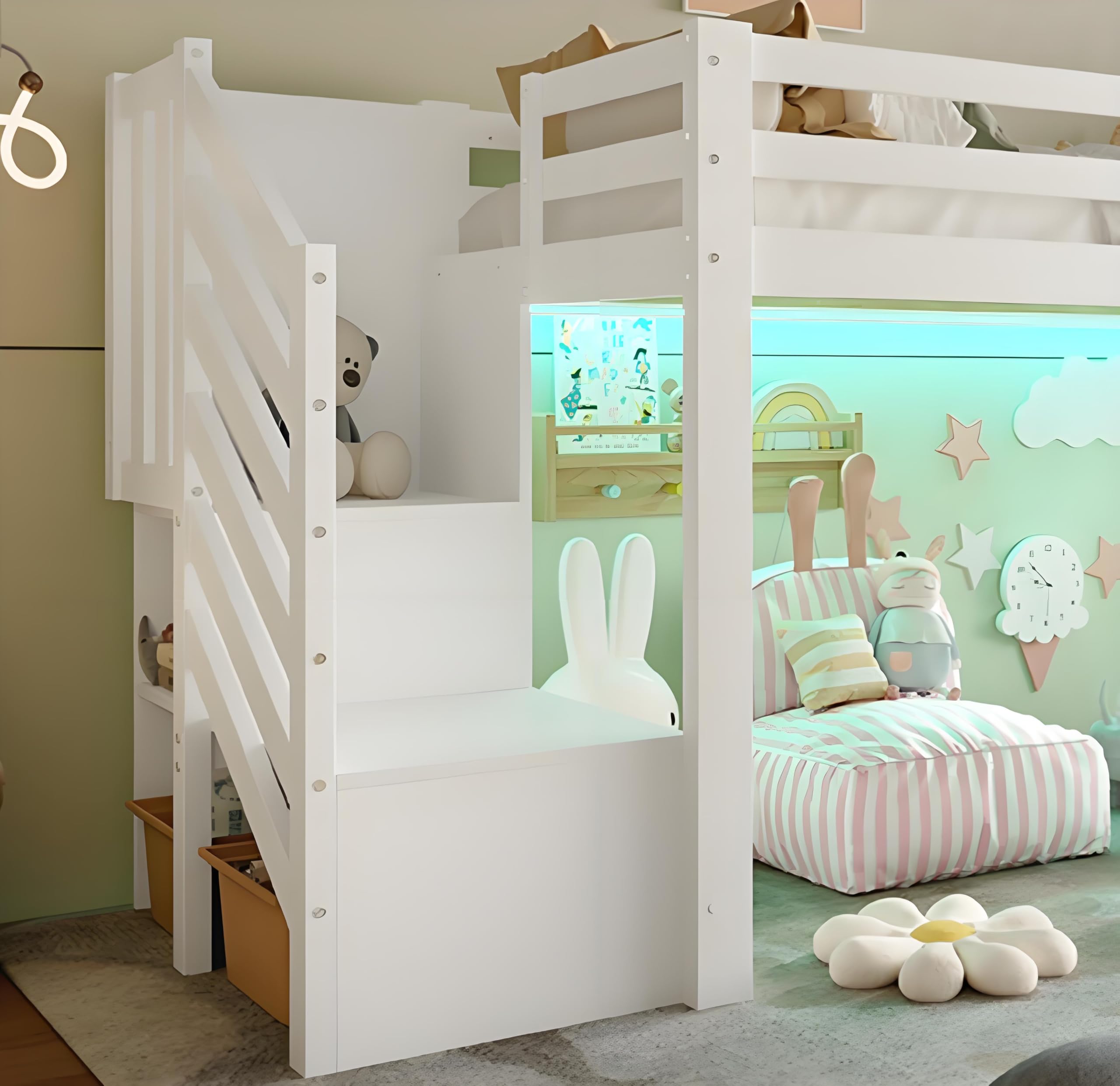 Hochbett 90x200, Kinderbett mit Stauraum Treppe und Fenster, Kinderhochbett mit LED-Beleuchtung, Stabiles Holzgestell, Verspieltes Design, Weiß