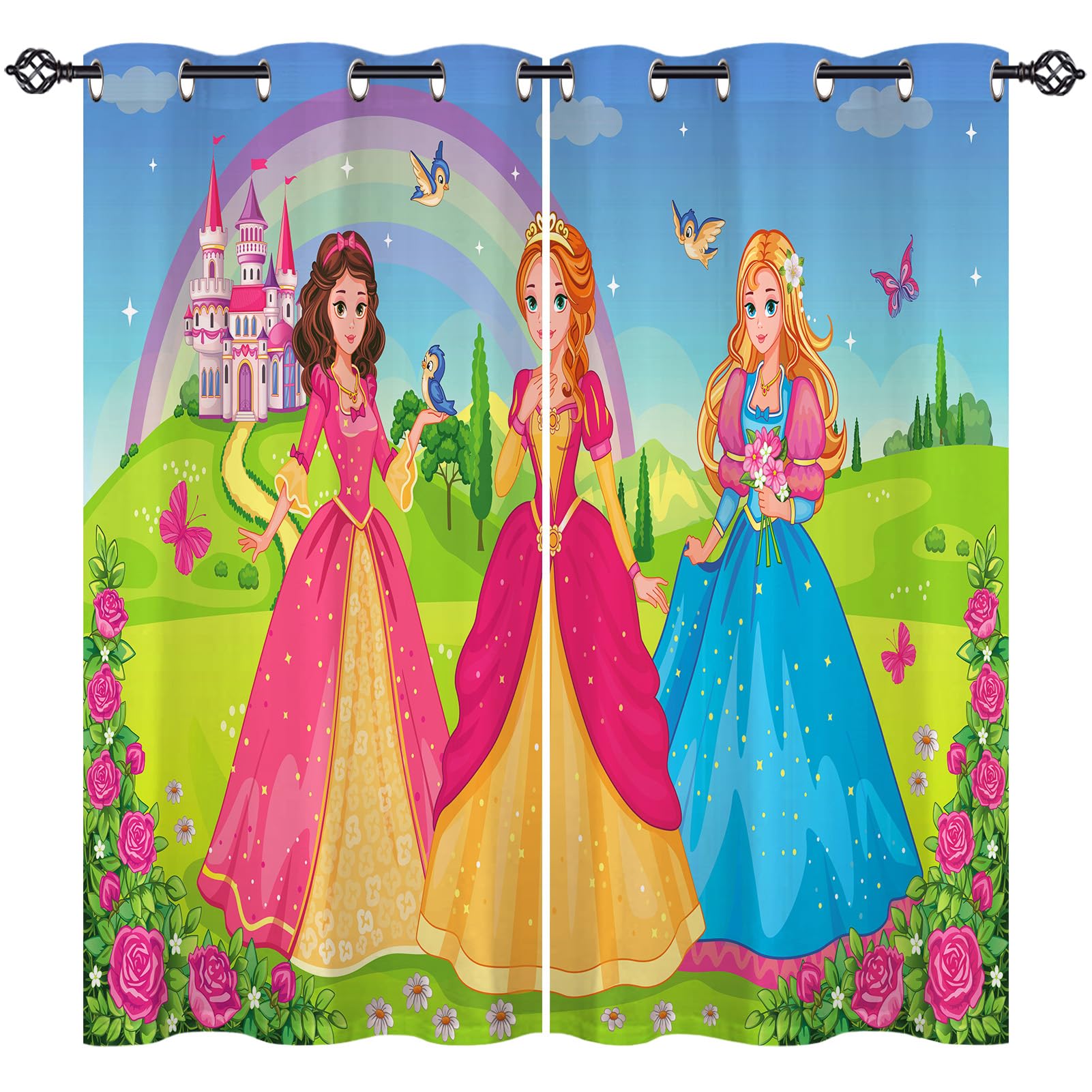 ANHOPE Princess Curtains Eyelet 80% Blackout Room Darkening Curtains Princesses Rainbow Castle Print Pattern Light Blocking Window Drapes for Kids Girls Bedroom Living Room 66 x 54 Inch 2 Panels — image 1