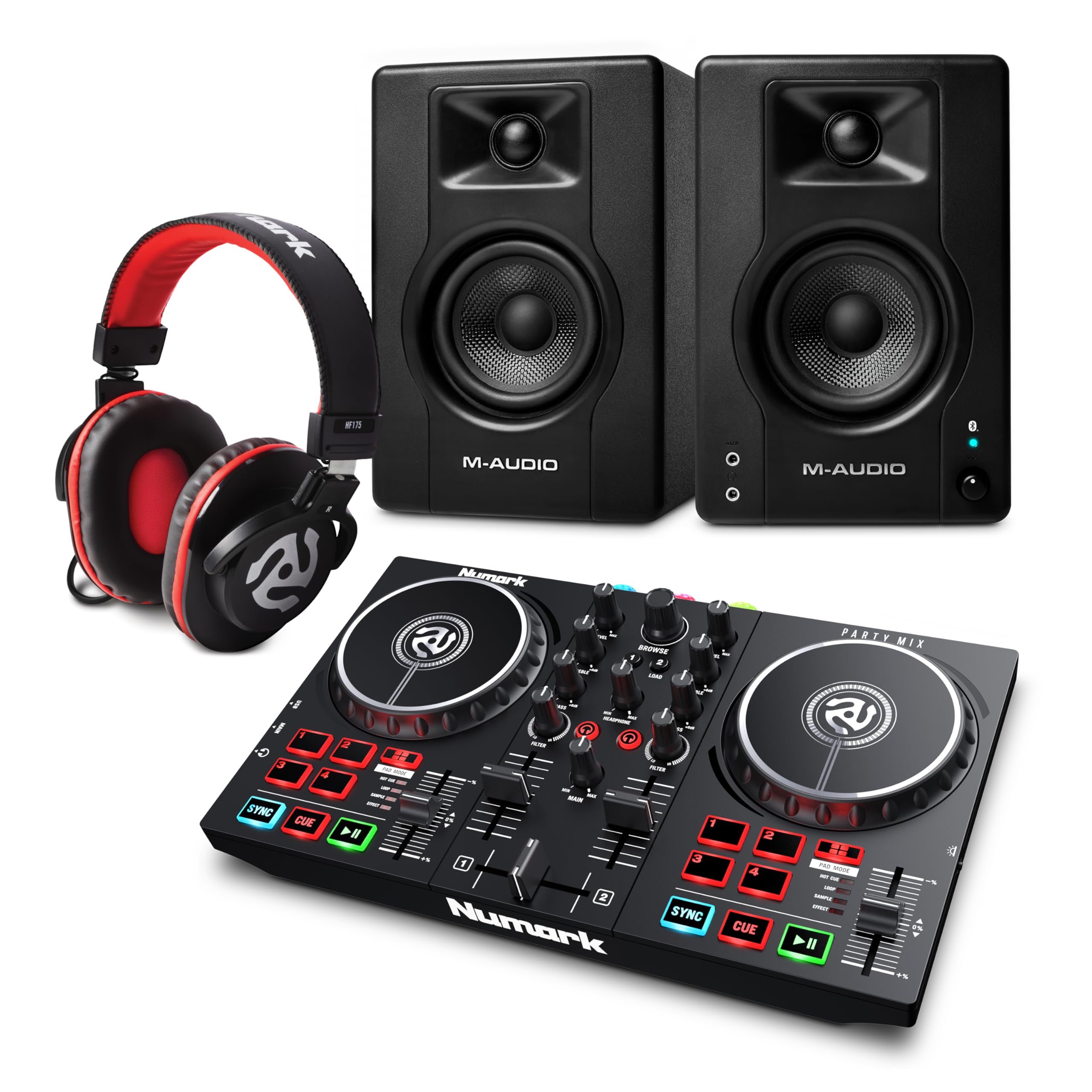 Party Mix II DJ Controller and M-AUDIO BX4 Pair Bluetooth Studio Monitors with Headphones for Studio Recording, Music Production, Podcasting, Streaming
