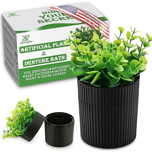 Baño de dentadura estuche invisible para dentaduras postizas diseñado como plantas artificiales de eucalipto en maceta taza de dentadura con colador