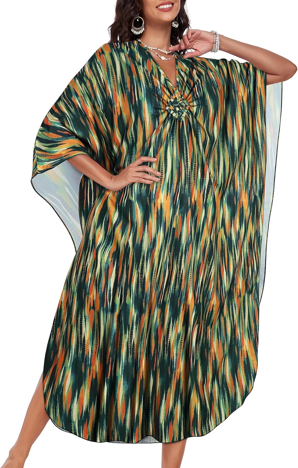 JILUVIN Kaftan Dresses for Women Plus Size V Neck Caftans Long Batwing Sleeve Beach Cover Ups Summer Floral Print Dress 2026