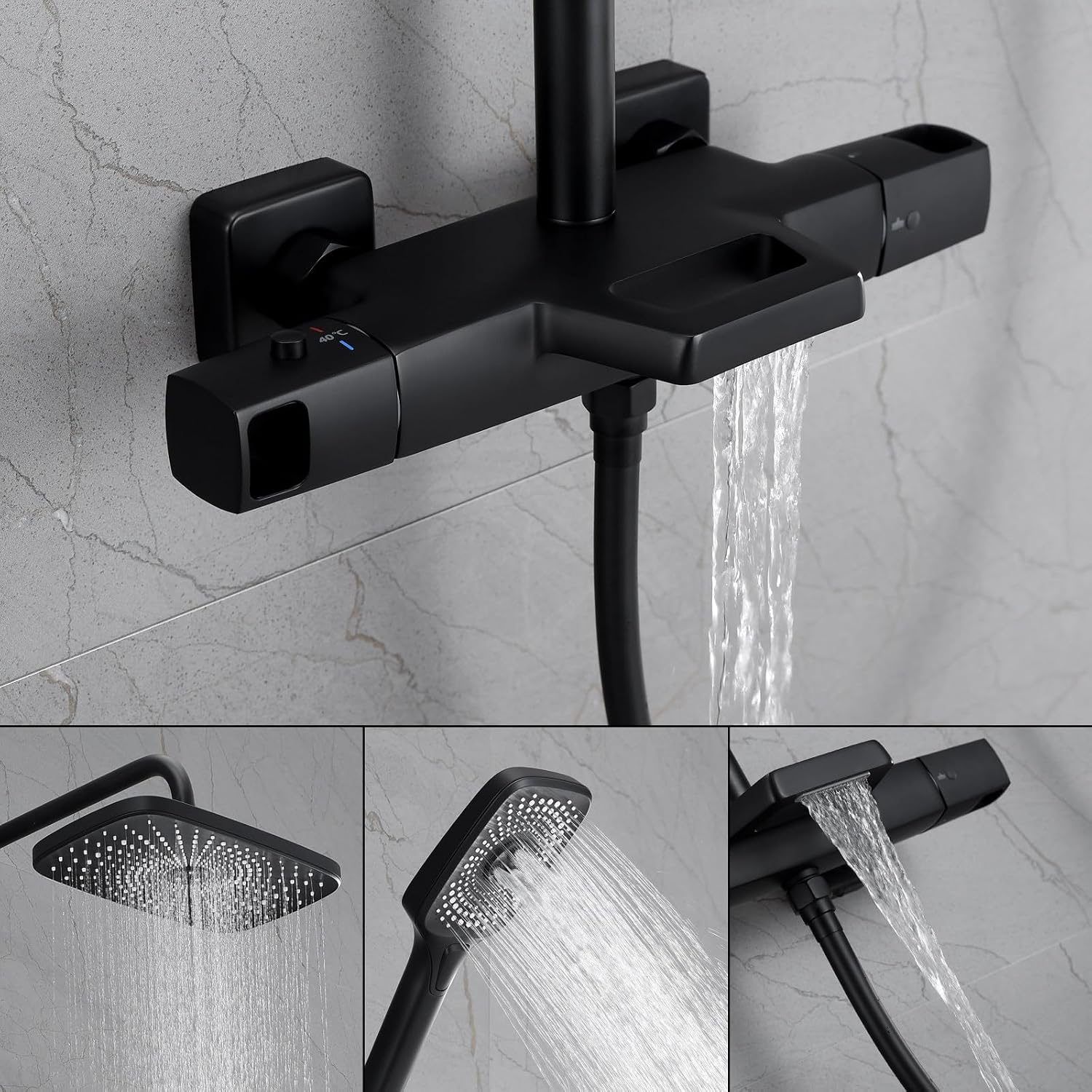 Thermostatic Shower System, Black Shower Faucet Set Wall Mount Shower Fixtures 3 Functions Bathroom Shower Faucet Set with Handheld Sprayer, Rain Shower Head, Waterfall Bathtub SPO