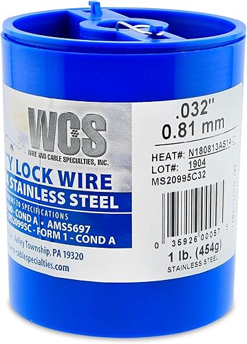 Alambre de seguridad, T302304 de acero inoxidable, NASM20995, MS20995C, ASTM A580 Cond A, AMS5697,.032 pulgadas (0.81 mm), 1 lb (0.45 kg) Lata