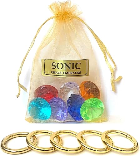 Miniatura 1 de Sonic - 7 gemas de Esmeraldas del Caos y 5 anillos de poder de oro - En una bolsa de regalo, Acero, piedra preciosa (cristal)