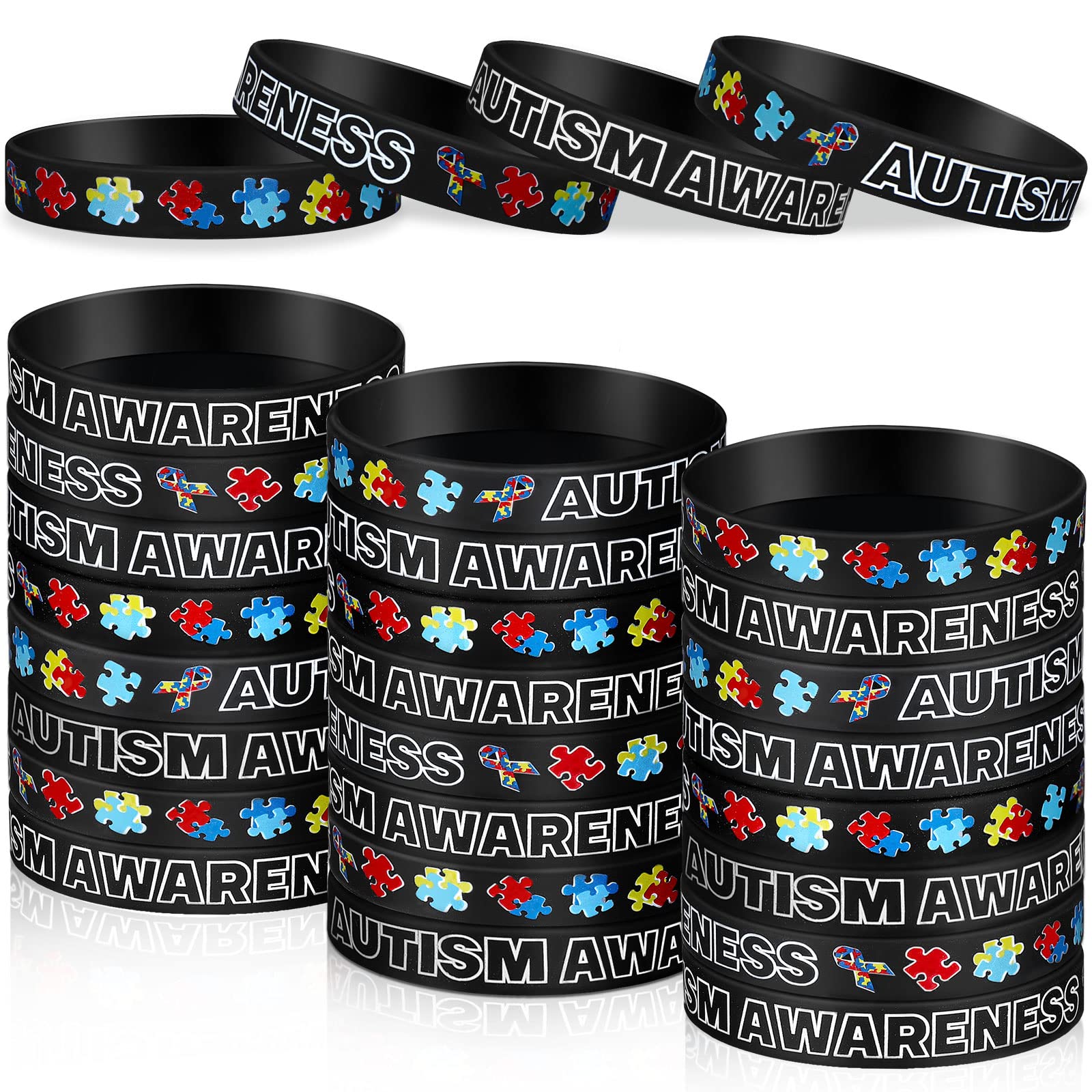 Yinkin Autism Awareness Silicone Bracelets Silicone Wristband Autism Awareness Bracelet Colorful Puzzle Pieces Bracelets for Women Men(24 Pieces)