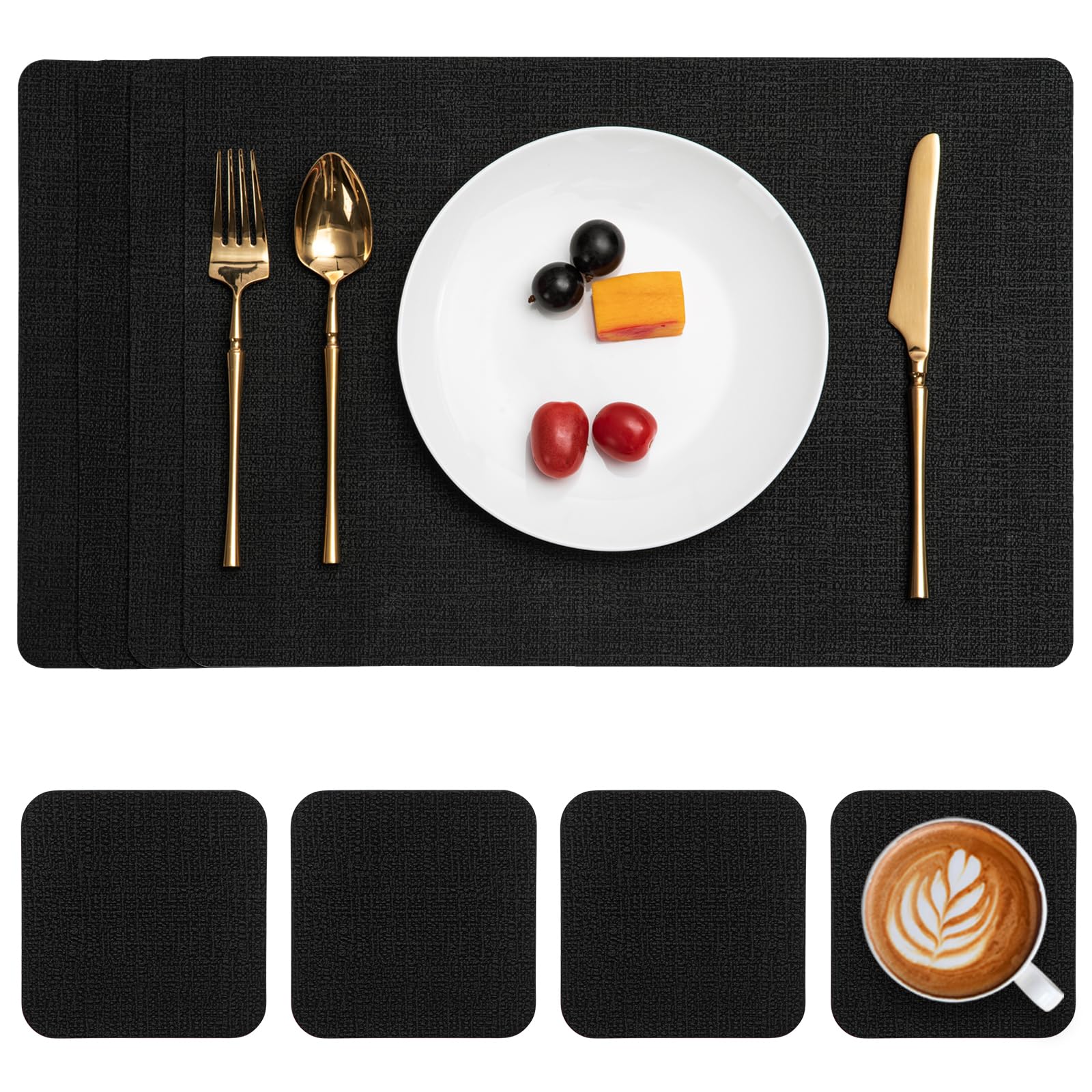 Myir JUN Placemats and Coasters Set of 4, Place Mats Dual Sided Faux Leather Table Mats PU Indoor Outdoor Heat Resistant Placemat Square Non Slip Wipeable Washable Dining Restaurant