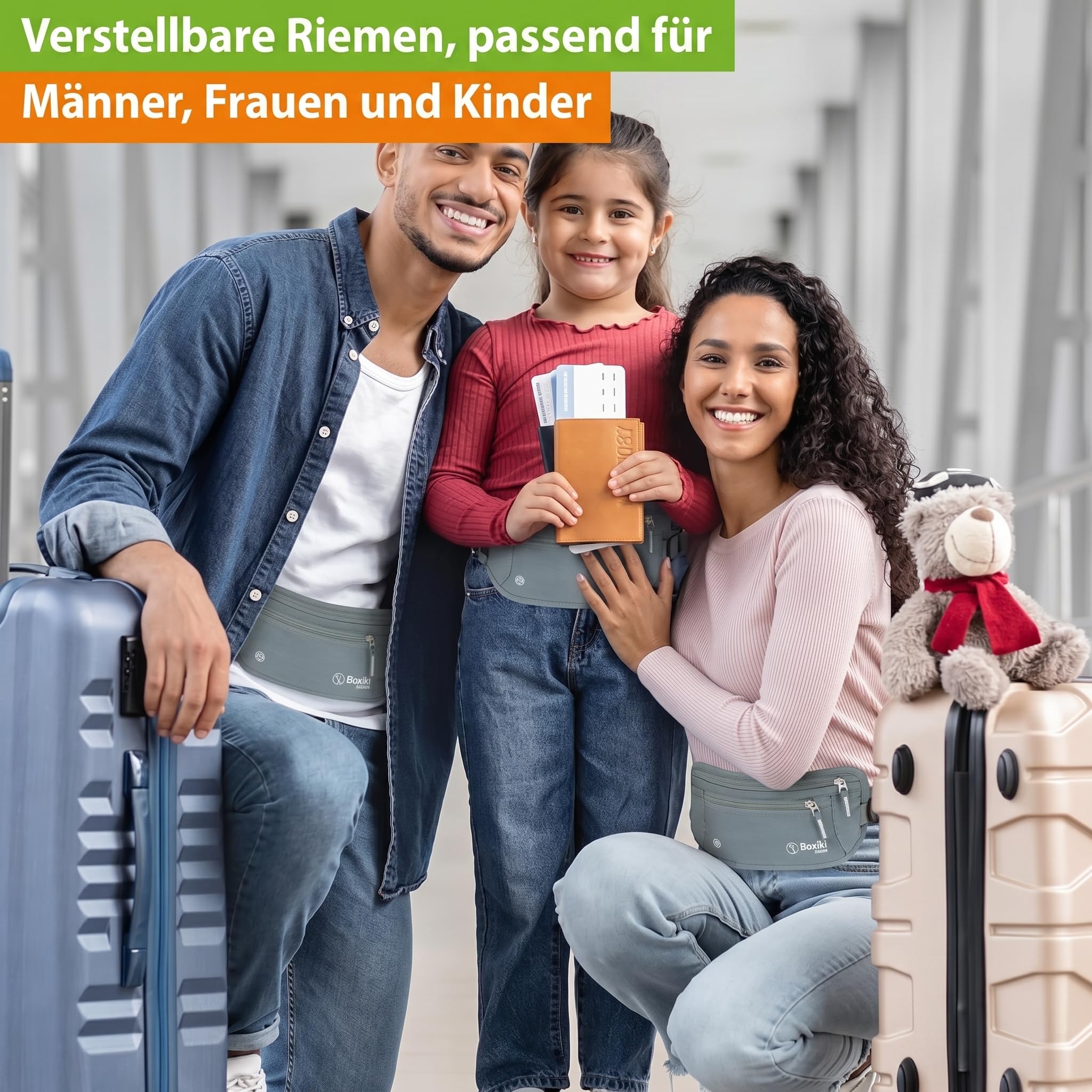 Boxiki Travel Grauer Geldgürtel + RFID-Hüllen 8 Stück (3 Kreditkarten- und 1 Reisepasshülle in Marineblau sowie 3 Kreditkarten- und 1 Reisepasshülle in Weiß)