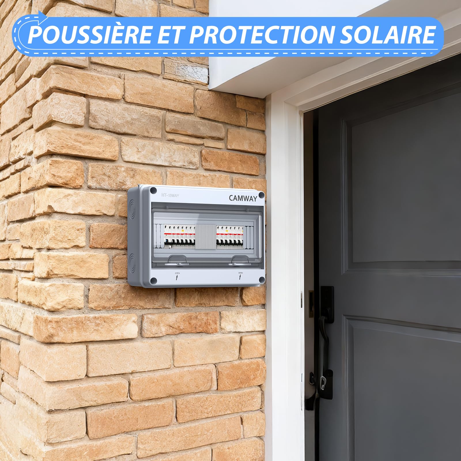 CAMWAY Boîte de distribution exposée 15 voies IP65,1 rangée de 8 modules pour utilisation extérieure, Boîte à Fusibles Exposée en ABS avec Porte Transparente Installation facile
