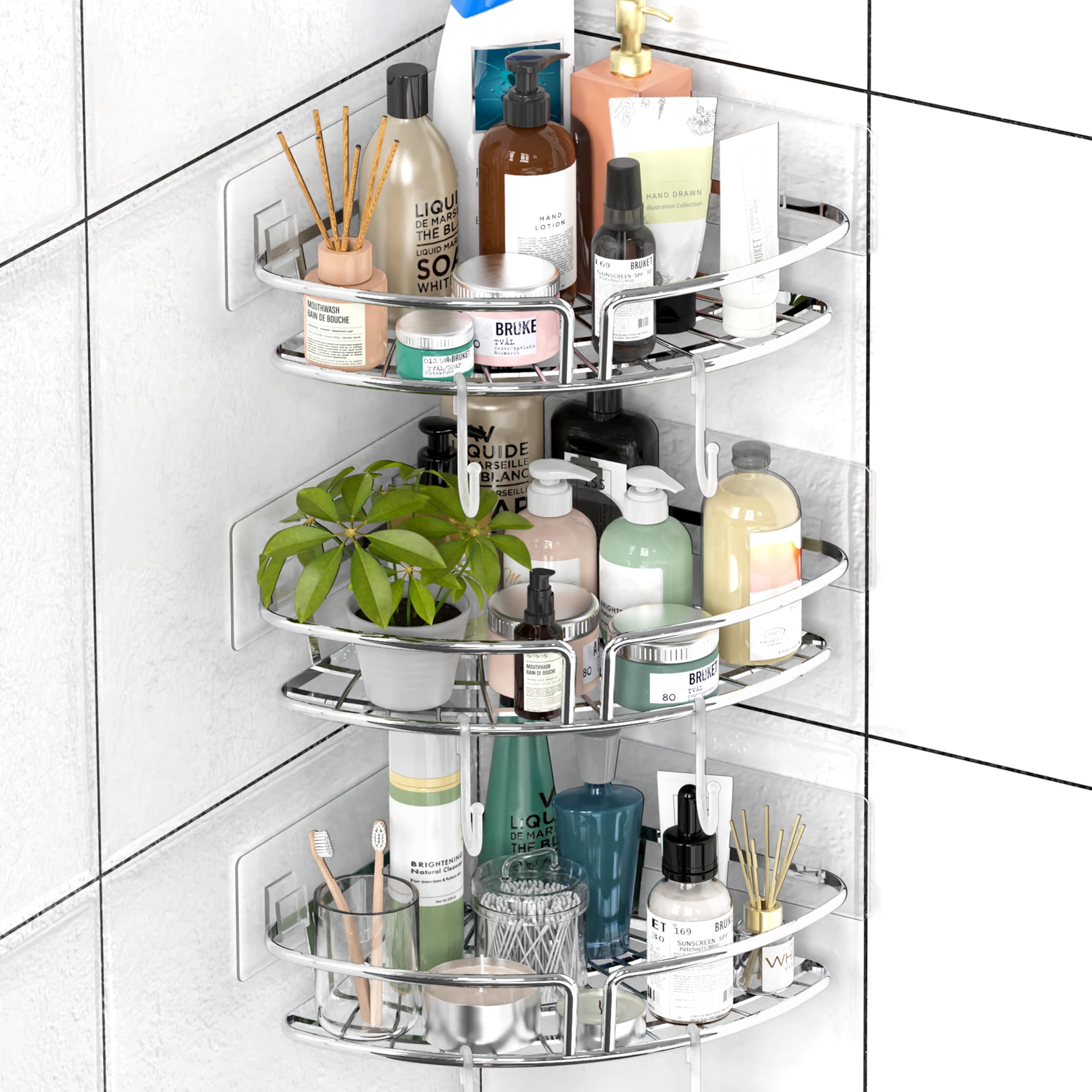 Simple Houseware Bathroom Adhesive Wall Mount Single-Tier Corner Shelf Shower Caddy Chrome Set of 3