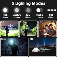 Vista 5 de Linternas recargables de 10000 luces de flash de alto lúmenes, linterna LED súper brillante, 5 modos, zoomable, IPX6 impermeable, linterna táctica