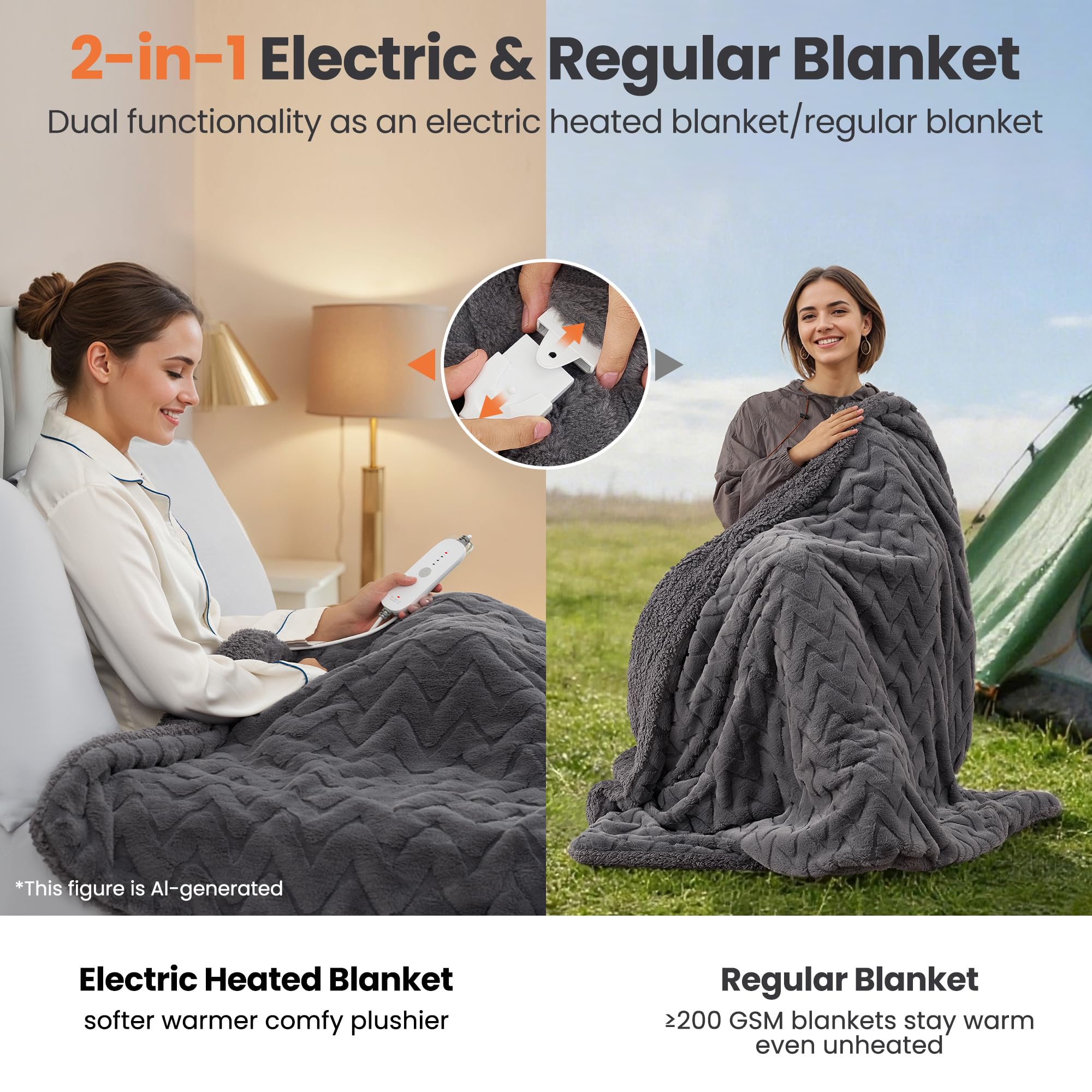 Coperta Elettrica Riscaldante 130x180 cm, Motivo a M, 4 Livelli Temperatura, Timer Spegnimento Automatico 10h, Morbido Peluche Coniglio e Sherpa, Lavabile, per Sofa Letto Ufficio
