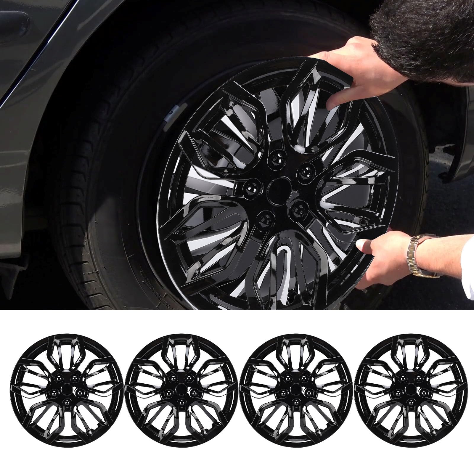 Fabater Kołpaki 15" Kołpaki Uniwersalne R15, 15-calowe, Zestaw 4 szt., Zatrzaskiwane, Pasują do 15-calowych Felg Stalowych (BLACK)