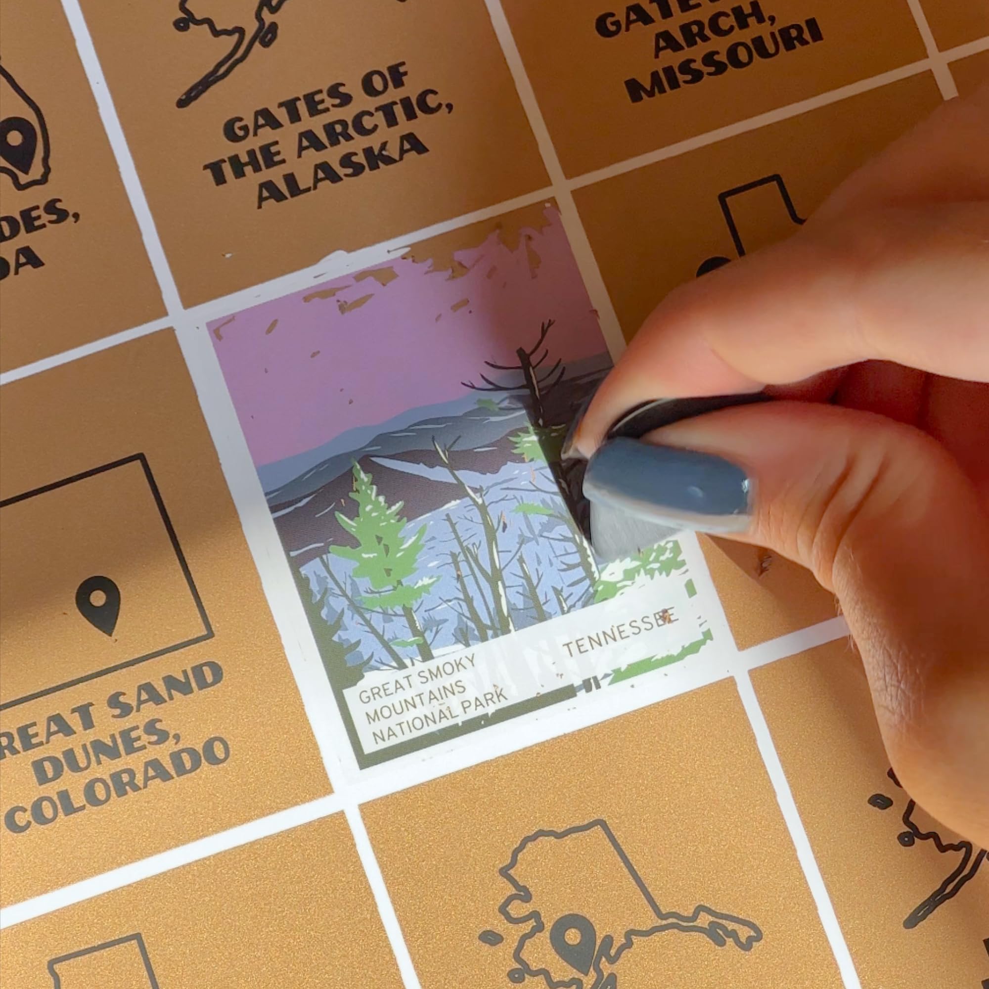 Park People | US National Parks Scratch Off Poster with all 63 USA National Parks | 24" x 17" | Guitar Pick Included for Easy Scratching | Track Your