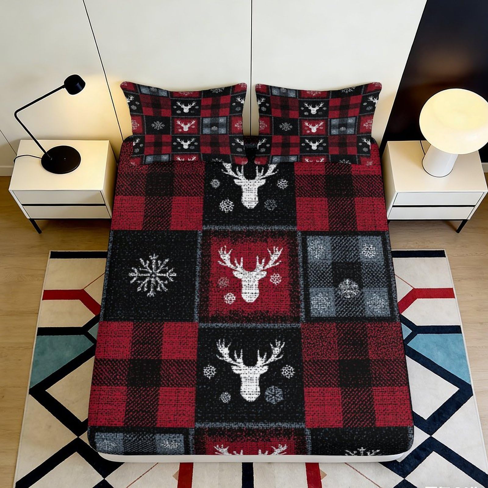 3D Printed Plaid Reindeer Fitted Sheet Microfiber Soft Red Black Snowflake Bed Sheet for Bedroom Decor 90x200x25cm